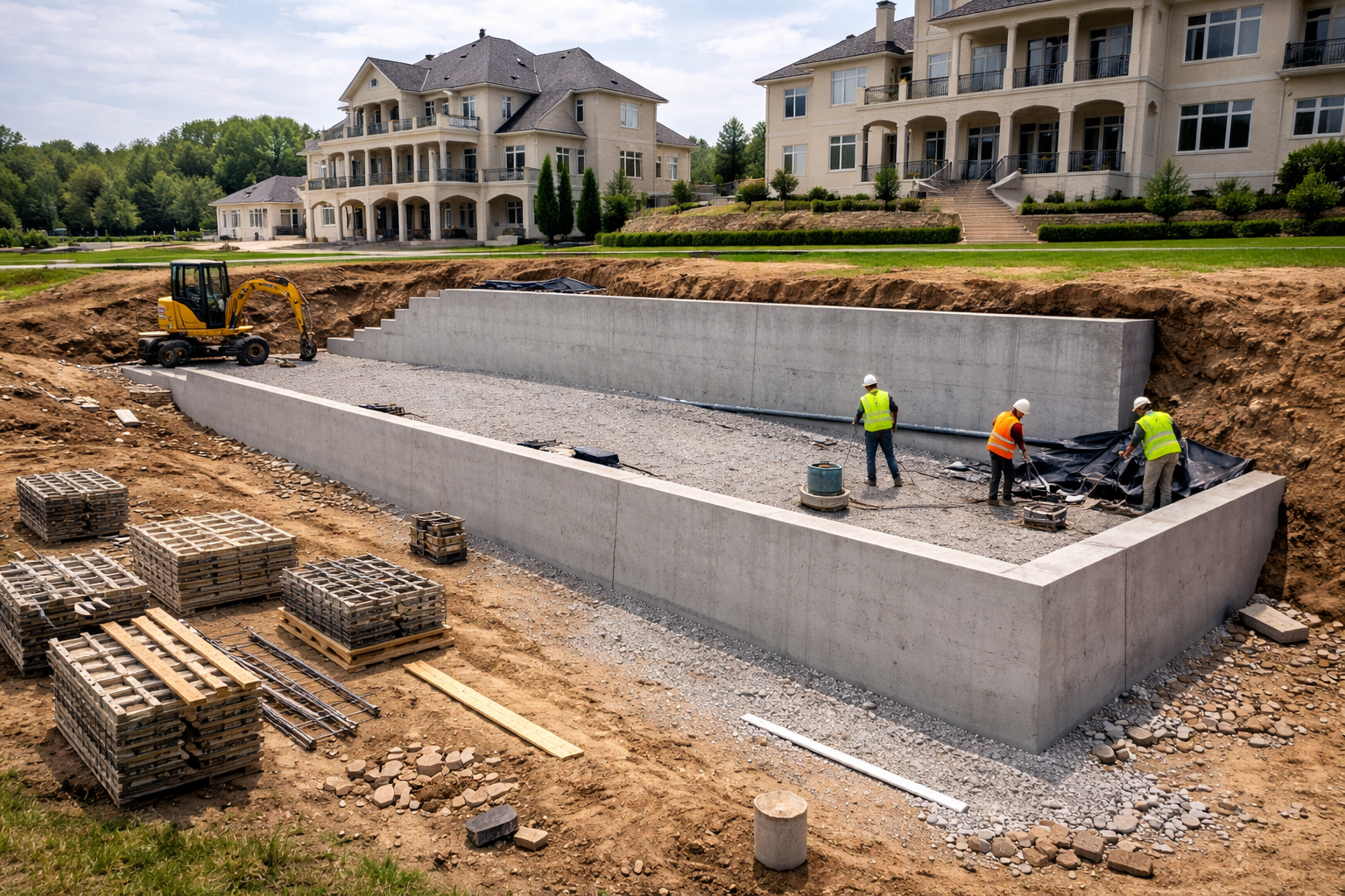 Concrete retaining wall construction in Vancouver BC built for soil stabilization and grade control, featuring engineered reinforcement, drainage systems, and durable finishes for long-term structural performance.