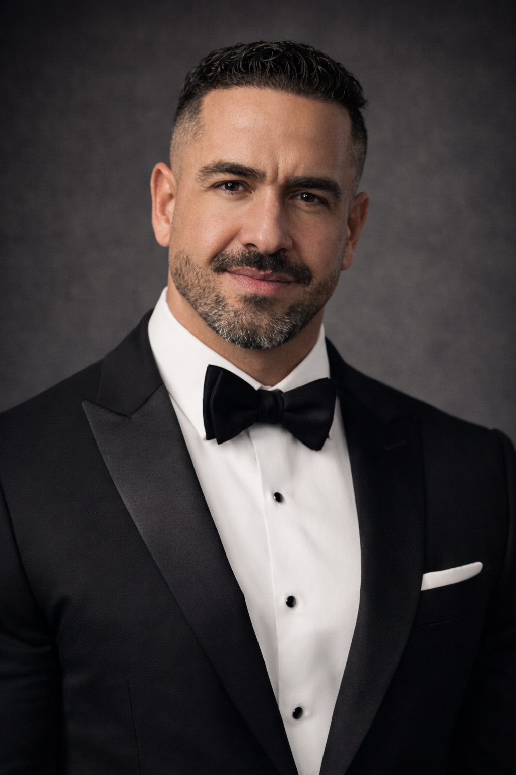 A man dressed in a black tuxedo with a white shirt and black bow tie, posing against a dark gray background.