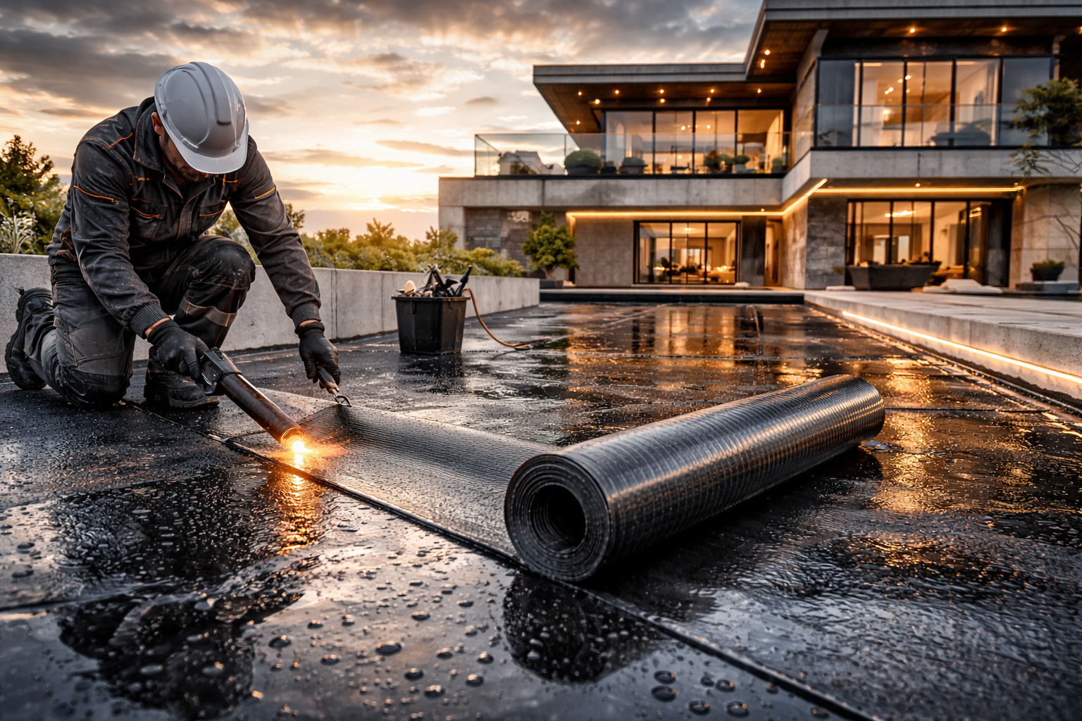 Luxury waterproofing system installation on a modern high-end home featuring advanced moisture protection, foundation sealing, drainage performance, structural durability, and expert building envelope craftsmanship.