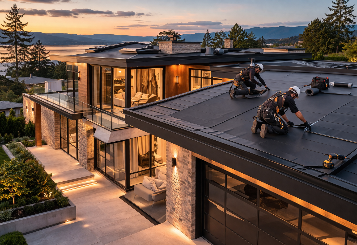 Luxury roofing installation and roof replacement on a modern high-end contemporary home featuring premium durable materials, expert craftsmanship, and elegant architectural design.