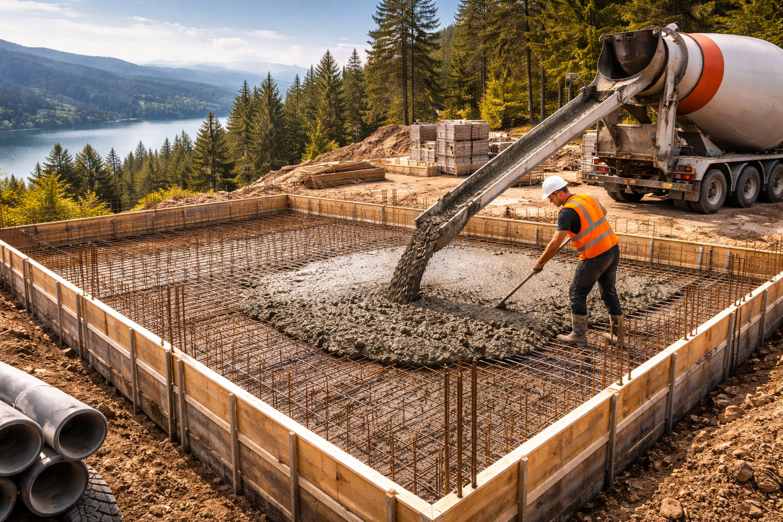 Reinforced concrete foundation construction for a luxury custom home in Vancouver, showcasing structural precision, durability, and high-quality standards