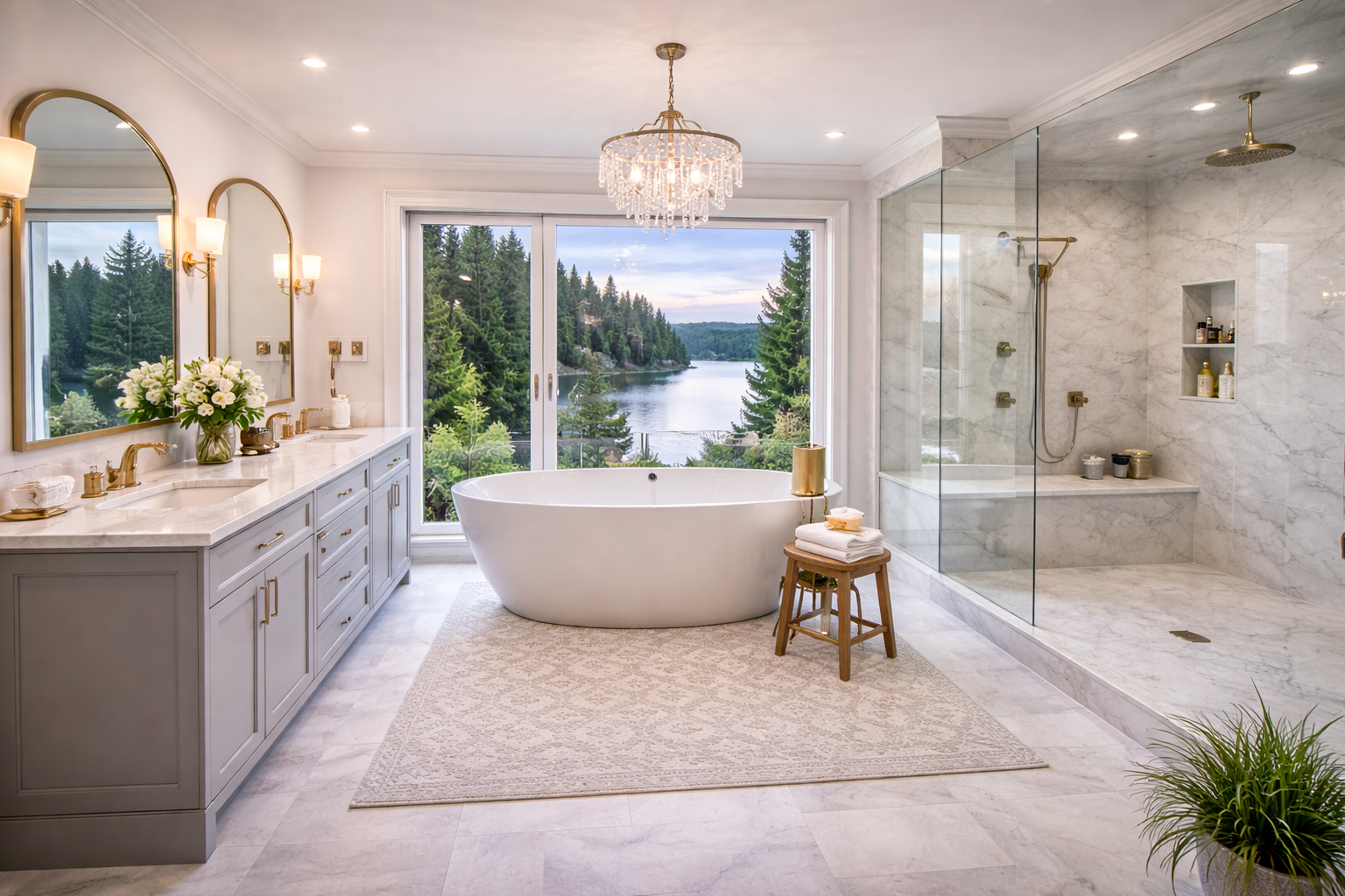 Luxury bathroom remodeling in Vancouver with modern shower vanity tile and lighting