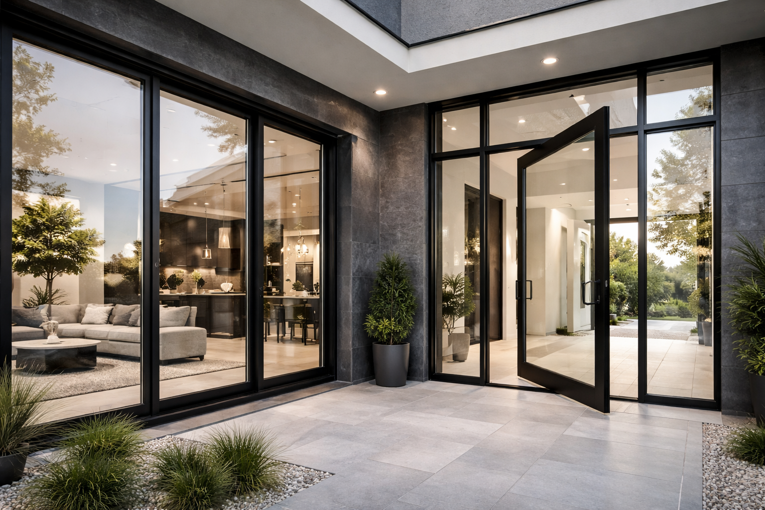 Luxury window and door installation on a modern custom home featuring energy-efficient glazing, premium sliding glass doors, enhanced natural light, thermal performance, and precision architectural detailing.
