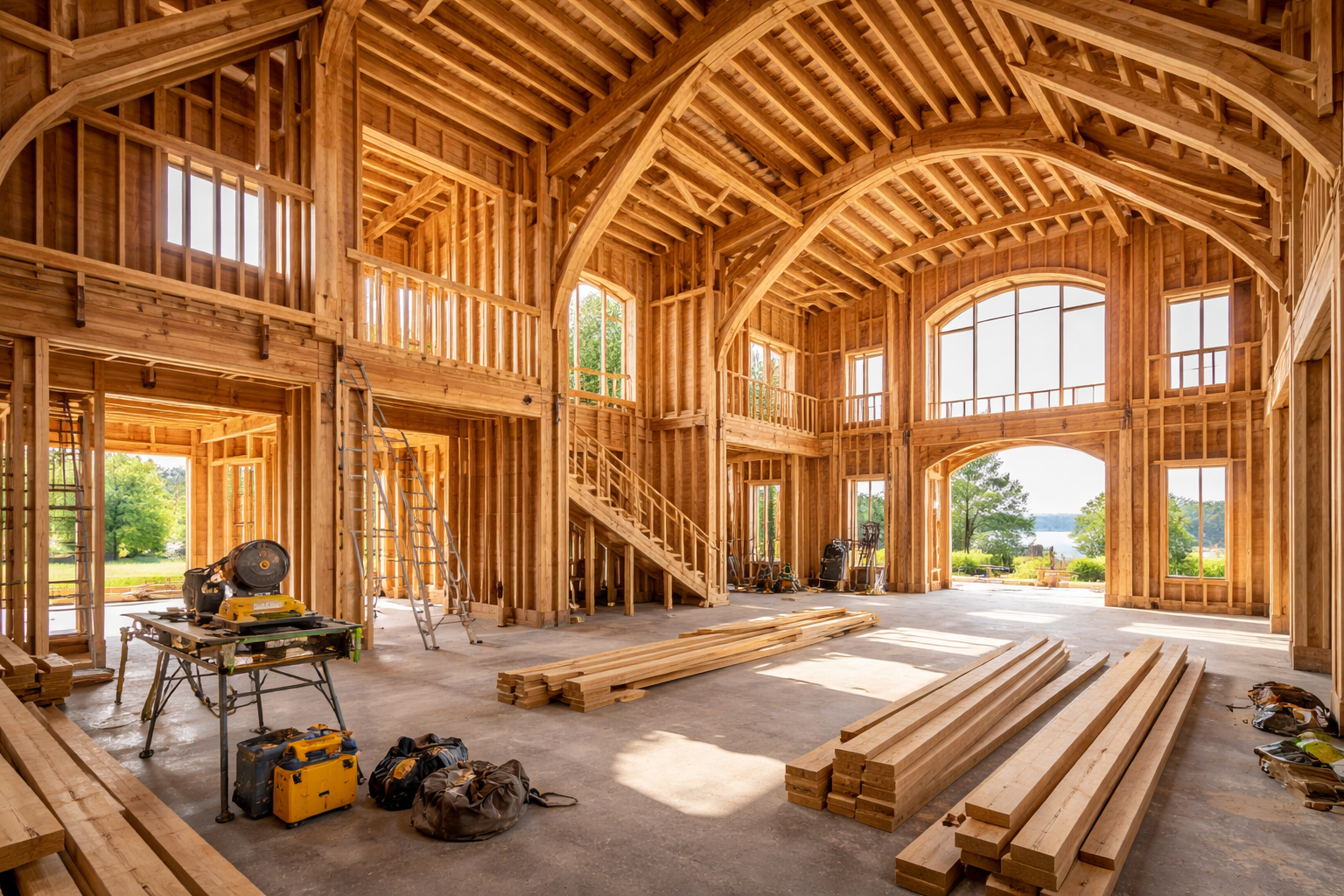 Luxury home wood framing construction in Vancouver BC, showcasing custom residential timber framing, engineered structural design, and high-end craftsmanship for a modern house with open layout and panoramic view