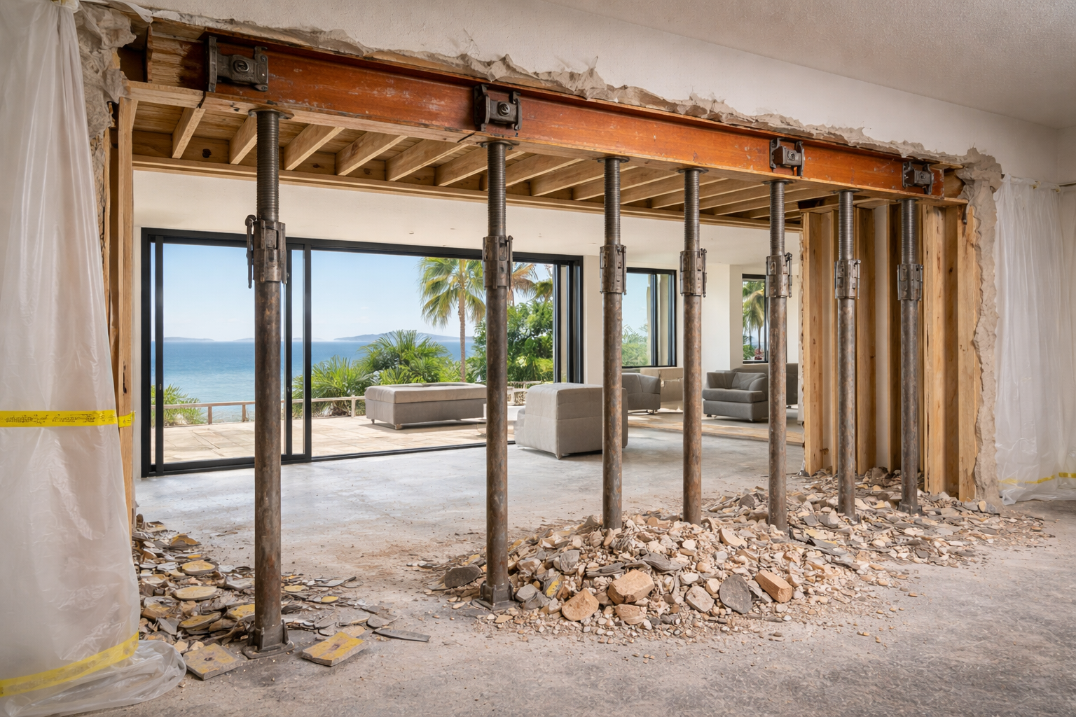 Load-bearing wall modification with structural beam installation in luxury Vancouver home renovation