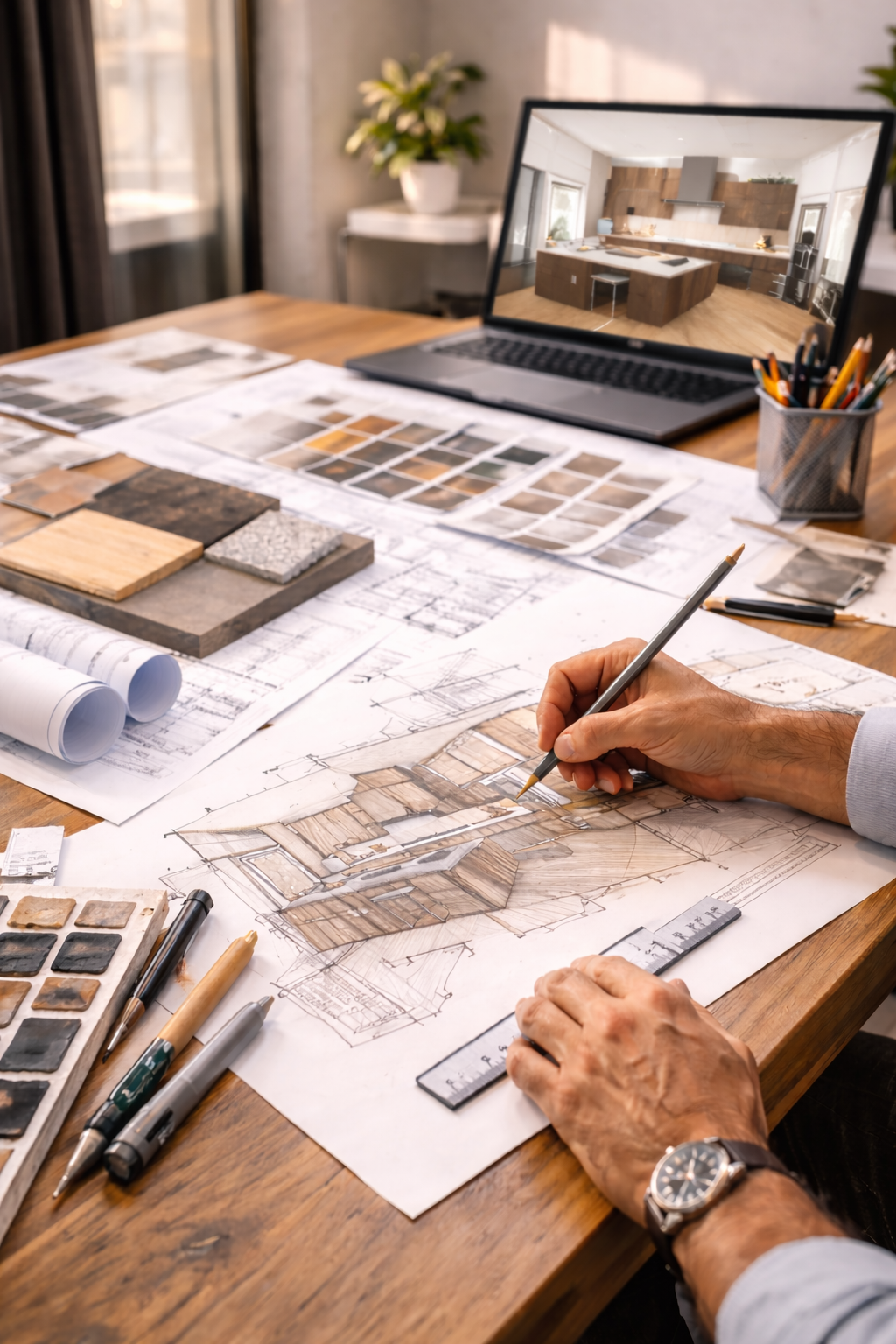 Architect creating detailed design concept drawings and renderings for a modern luxury home project.