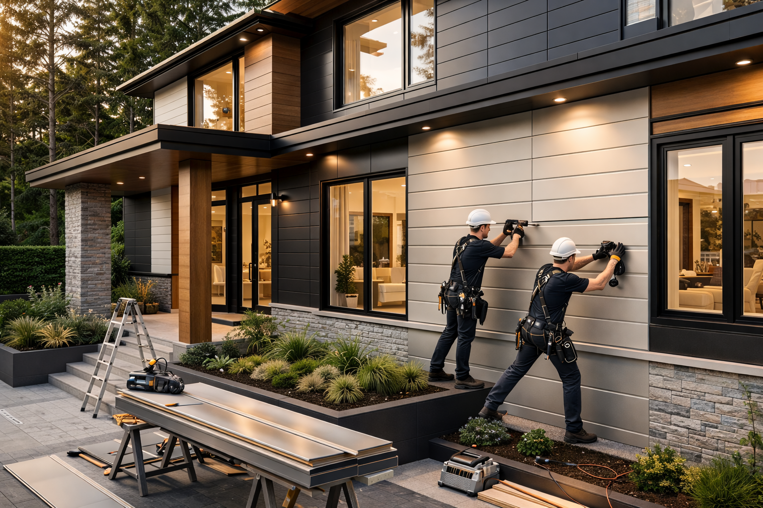 Luxury siding systems installation on a modern high-end contemporary home featuring premium exterior cladding materials, expert craftsmanship, energy efficiency, and elegant architectural design.