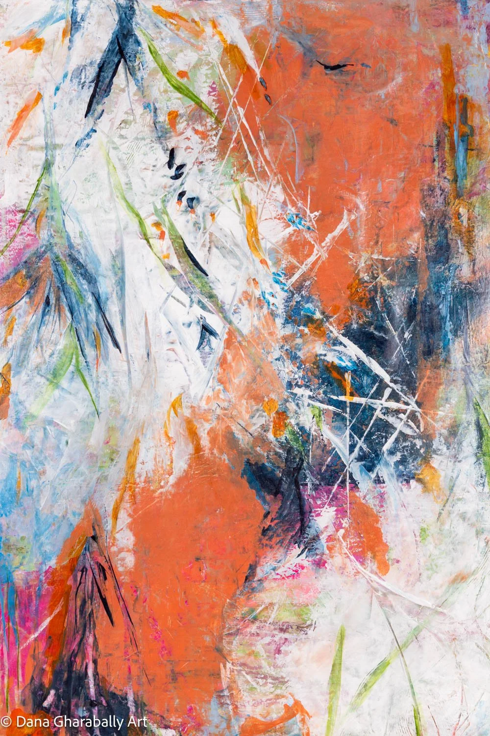 The Grass Sings in Salty Air - Abstract painting with white, orange, black, green, and blue brushstrokes and textures.