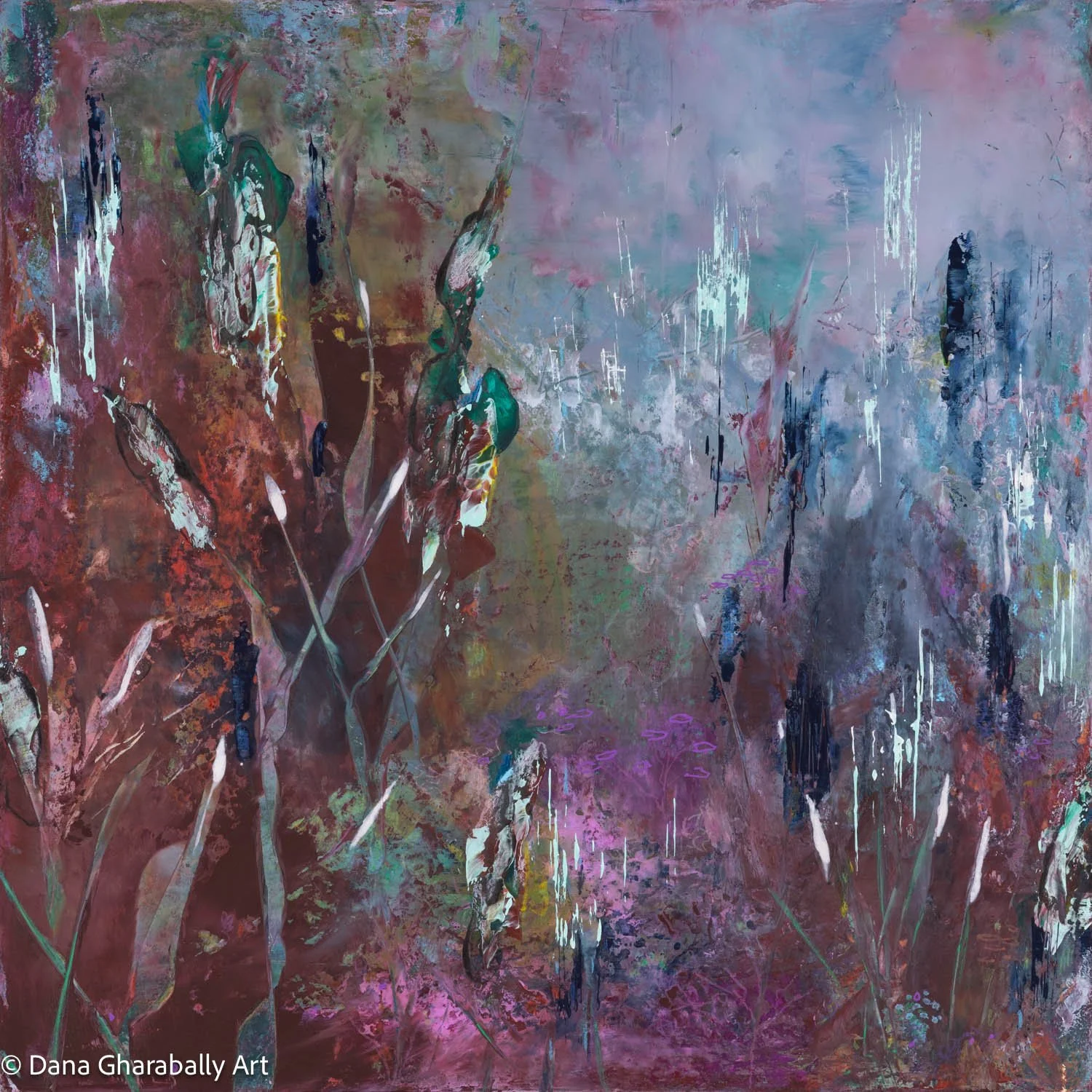 In the Hush before Dawn - An abstract painting with dark and muted tones, featuring streaks of white and patches of purple and blue, suggesting a floral scene waking up at dawn.