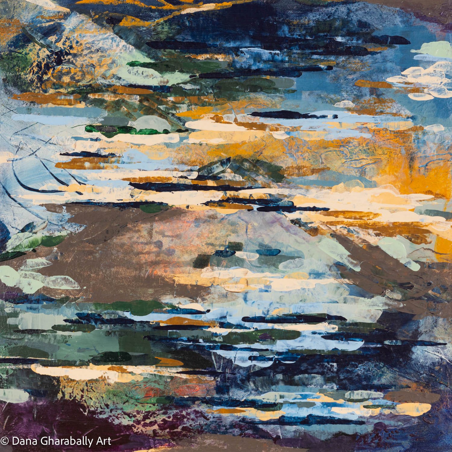 Sunset Views - An abstract landscape painting featuring a water scene with reflections, using broad brush strokes in blue, orange, green, and dark tones.