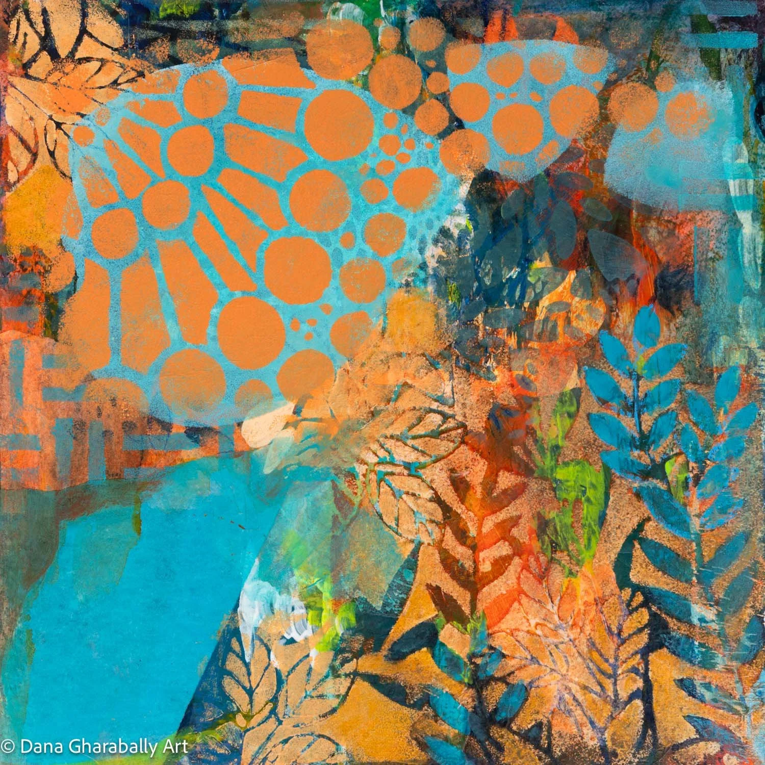 Electric Bloom - Abstract colourful art featuring orange, blue, green, and black patterns of leaves, circles, and geometric shapes layered over each other.