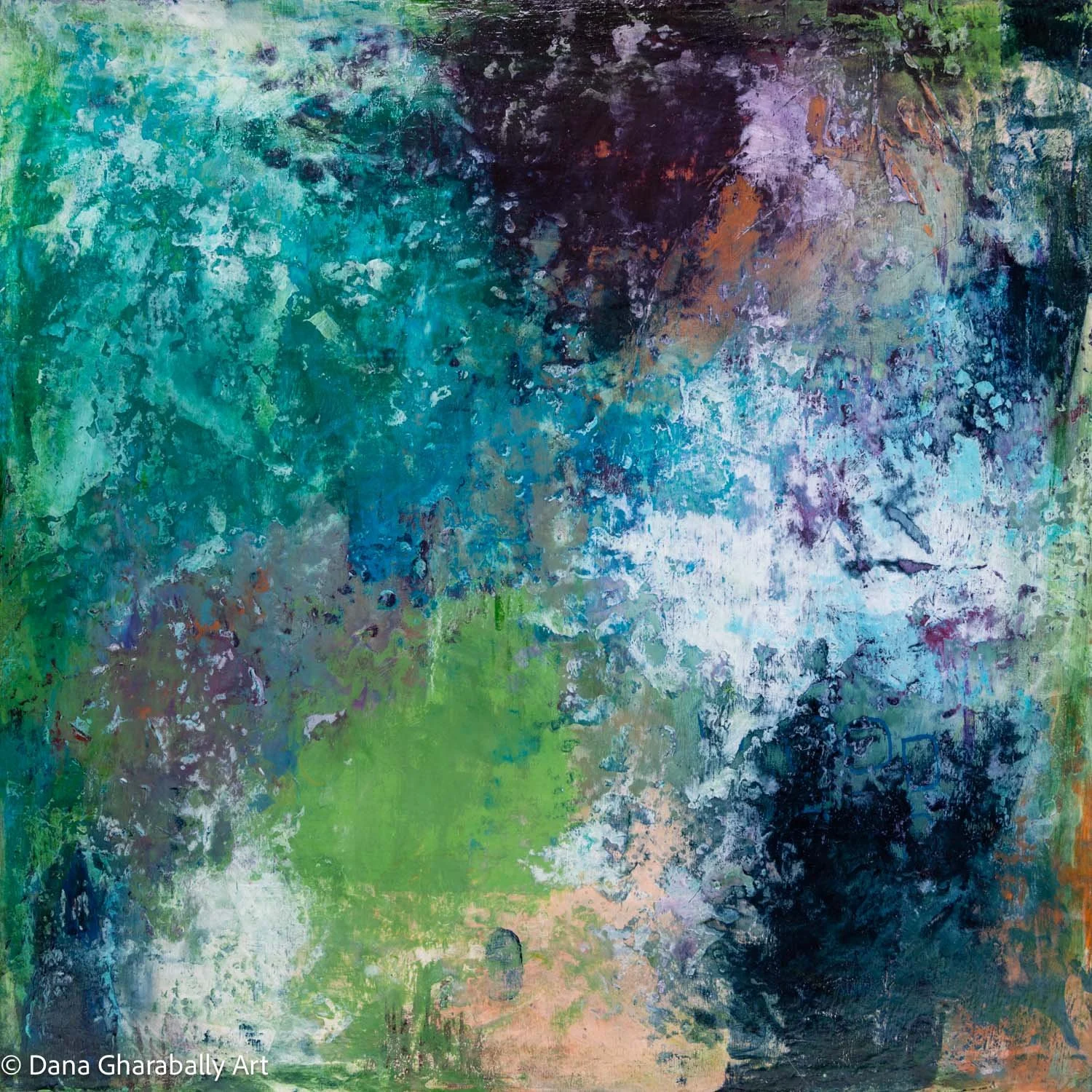Shifting Tides in Green #1 - Abstract painting with blue, green, purple, and black textured strokes.