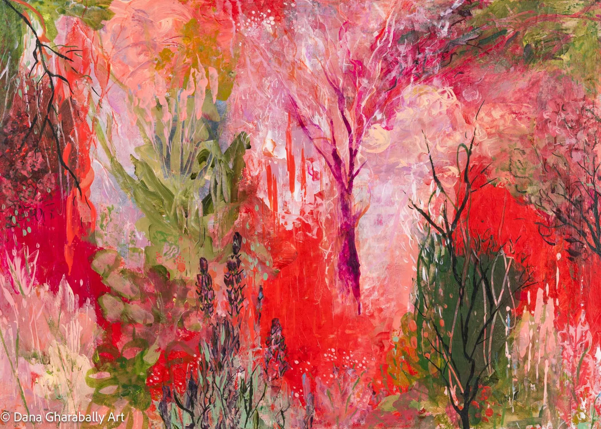 Title- Floral Glow at Sunset - Abstract painting with trees and plants in shades of pink, red, green, and purple.