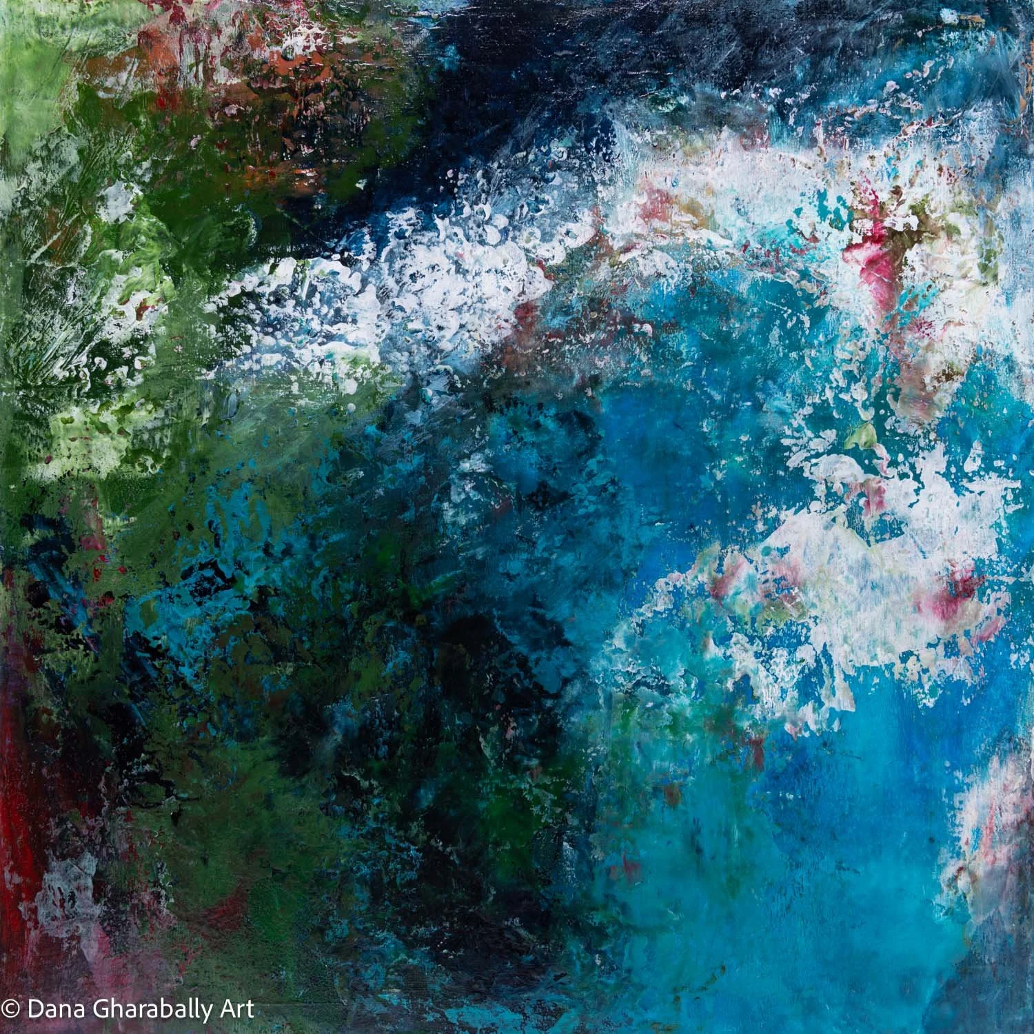 Shifting Tides in Teal #1 - Abstract painting with green, white, blue, black, and pink colours, featuring textured brushstrokes and splashes.