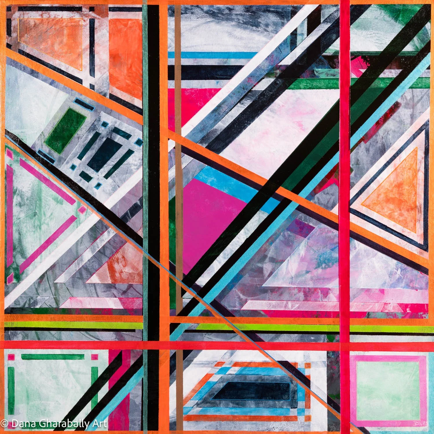 Orange is the New Black - Abstract geometric painting with colourful lines and shapes, including triangles, rectangles, and squares, in various shades of pink, orange, green, blue, black, and white.