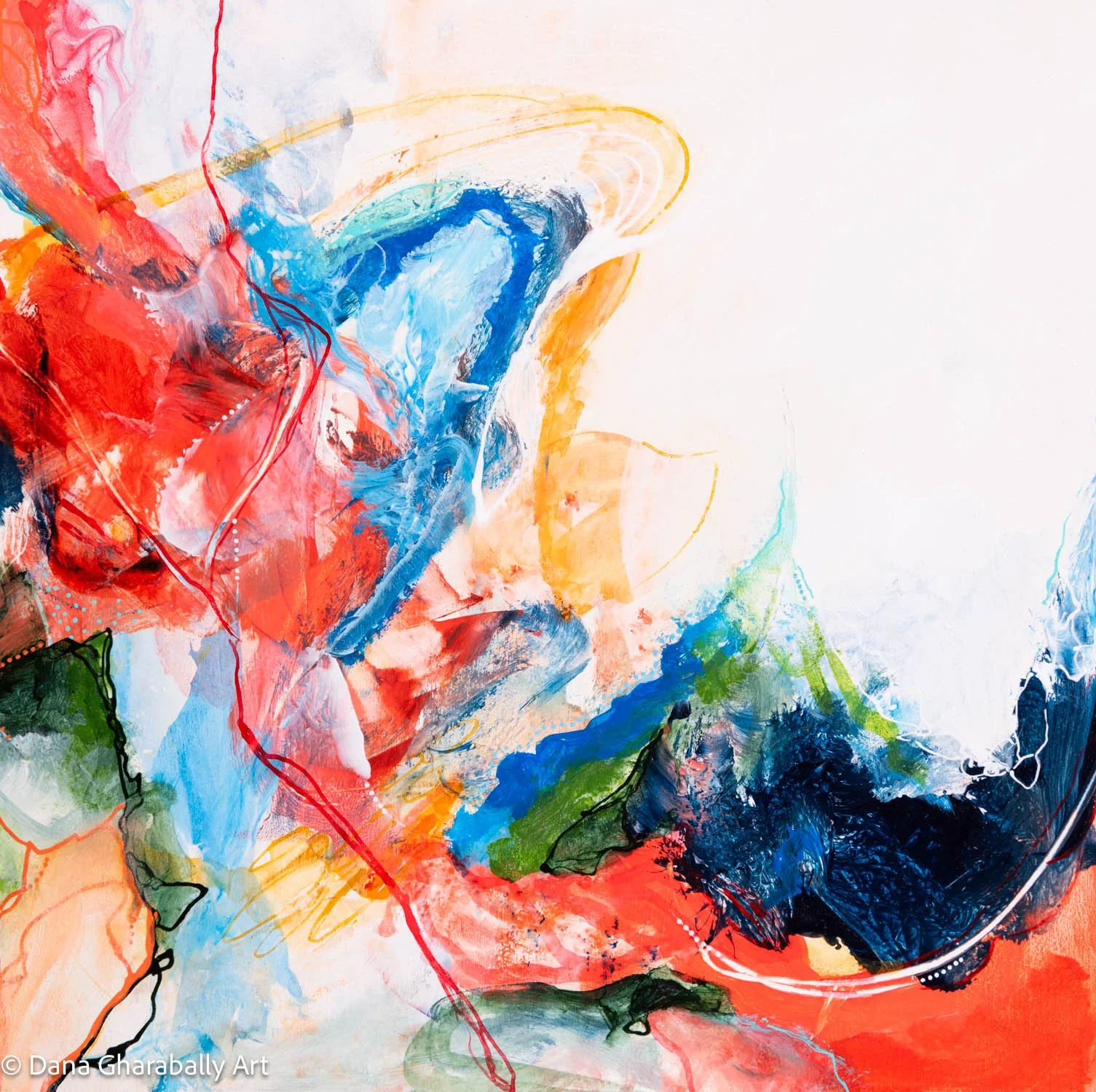 Abstract painting with vibrant splashes of red, blue, green, yellow, and black watercolor, with swirling lines and textured brushstrokes.