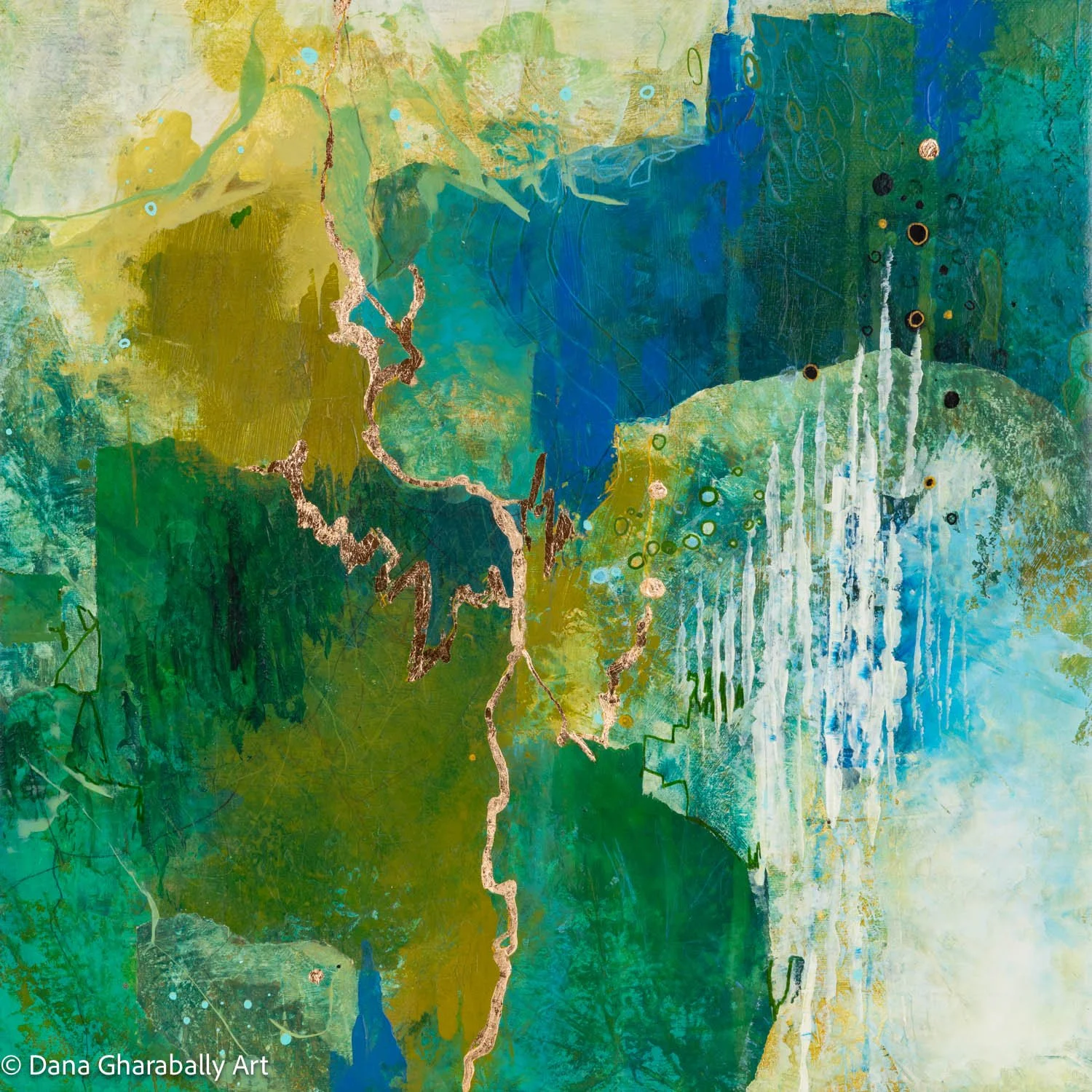 Where Gold Strikes Green - An abstract painting featuring shades of green, blue, and beige, with textured patterns, irregular lines, and flashes of gold.