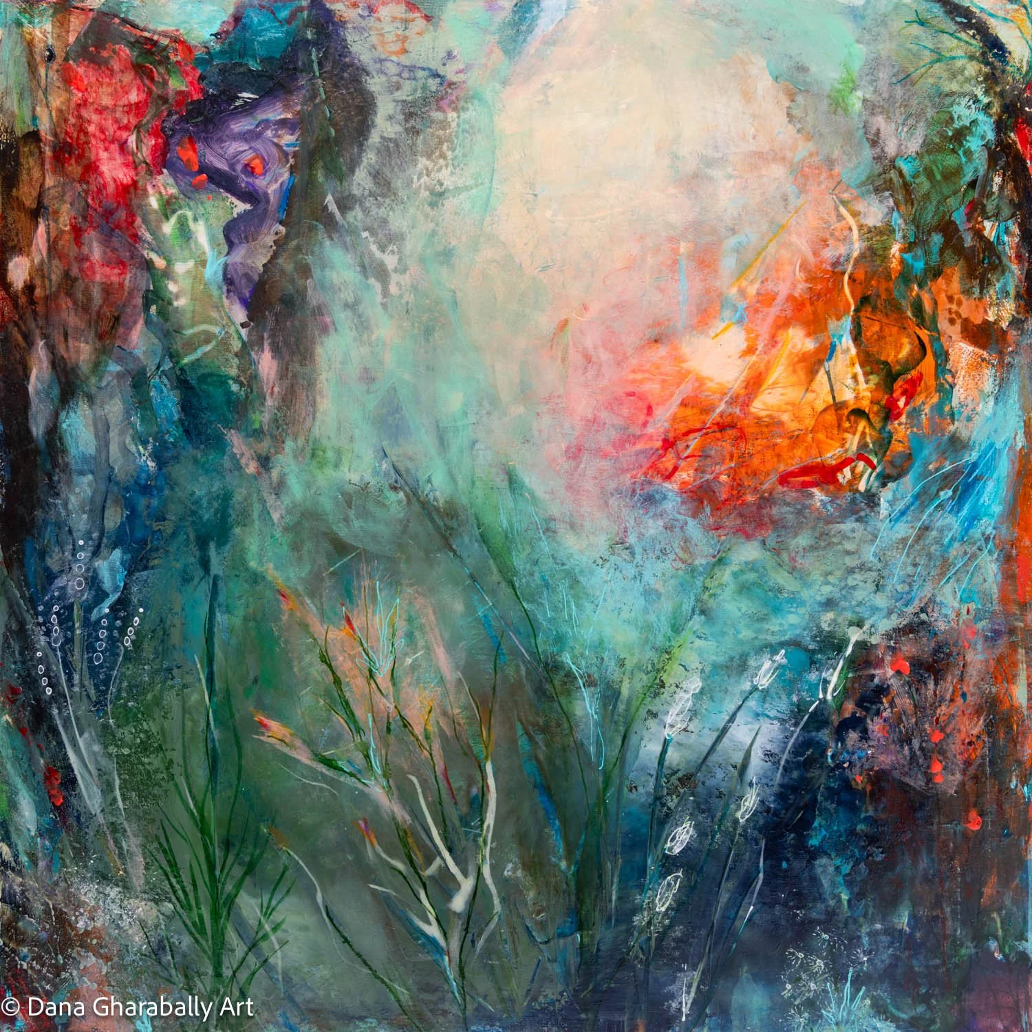 Underwater Garden #1 - Abstract painting with swirling colours of blue, green, red, orange, purple, and black, depicting a dreamy, vibrant underwater composition.