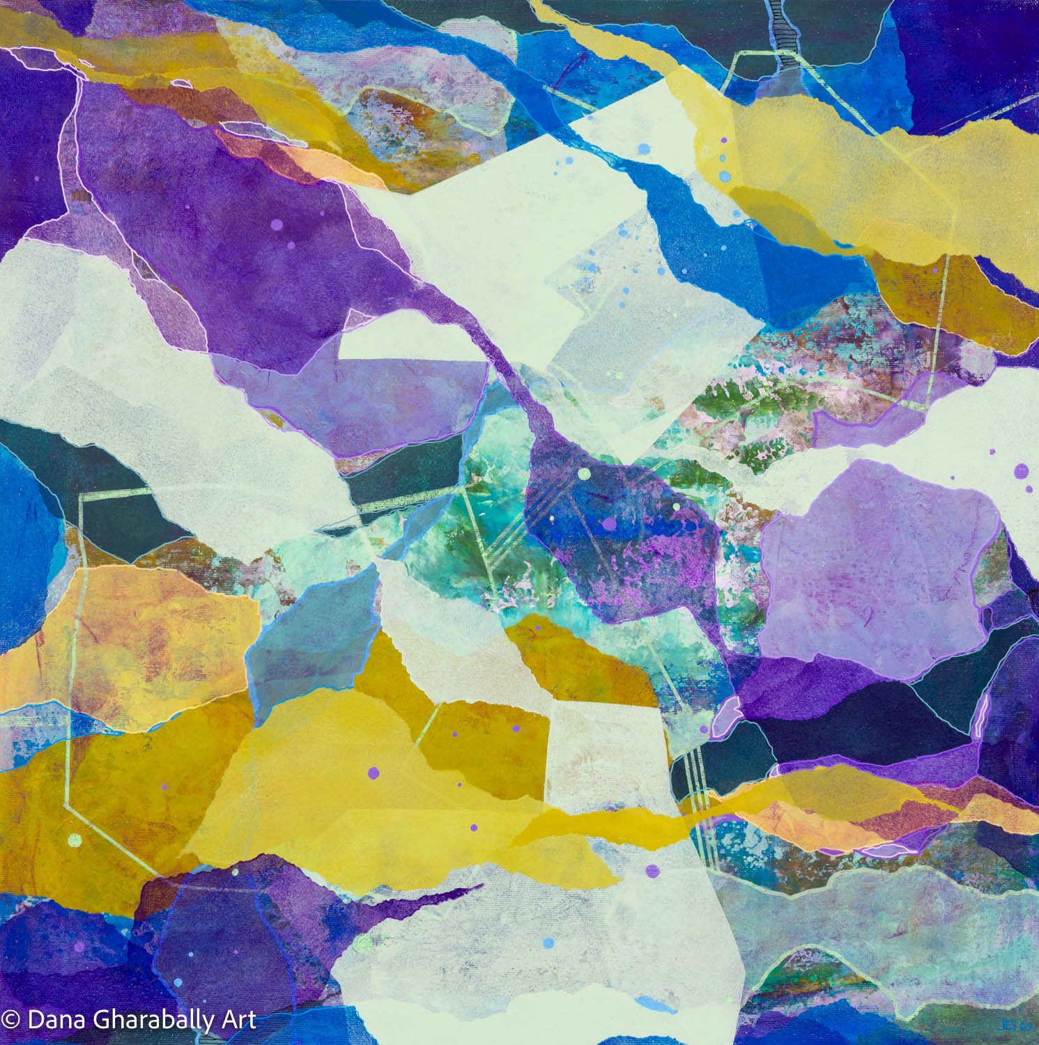 Interlaced Dimension in Lavender Sky - Abstract painting with colourful overlapping shapes in shades of purple, blue, yellow, and green.