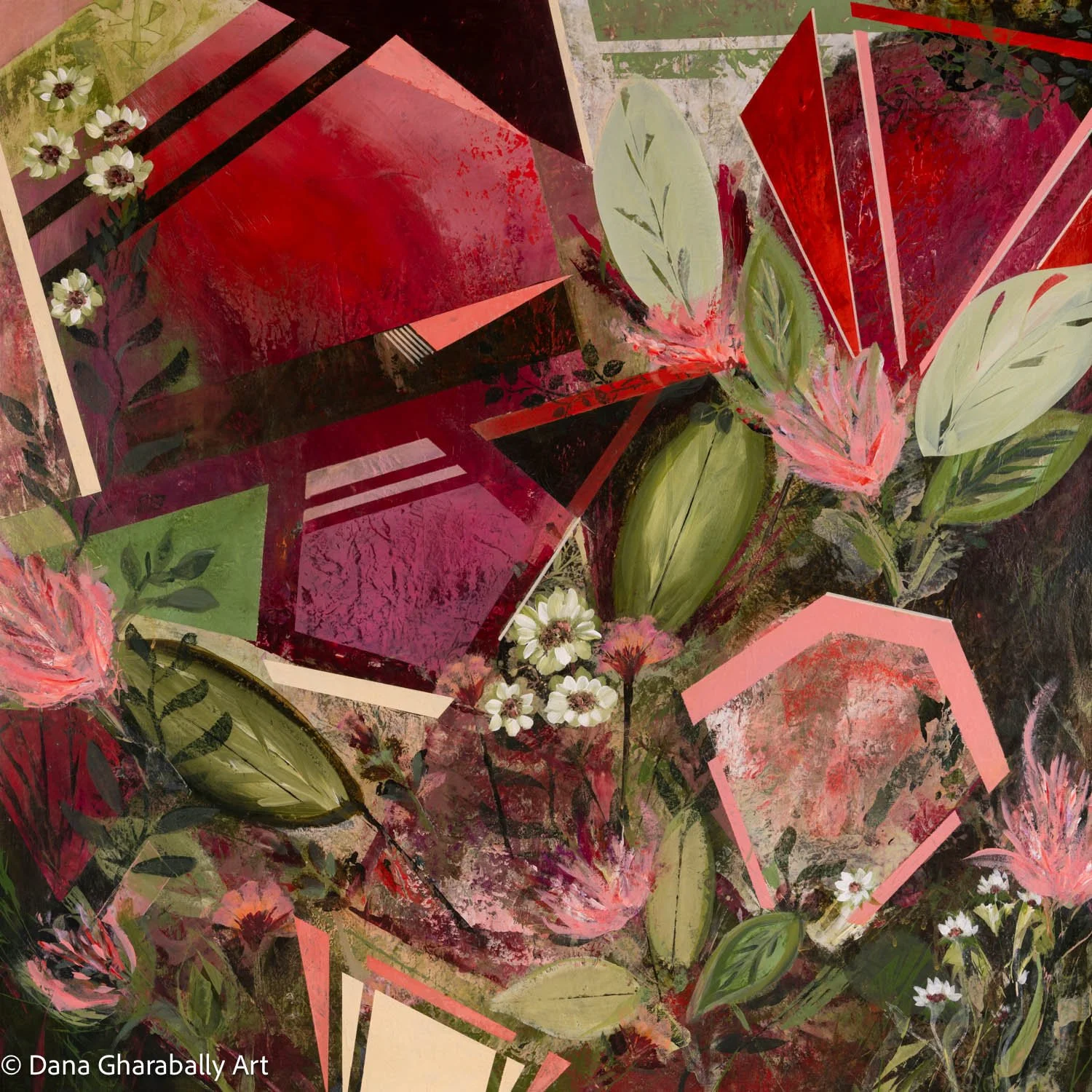 Title - Pretty in Pink - Abstract floral painting with red, pink, green, black, and white, featuring geometric shapes and leaf patterns.