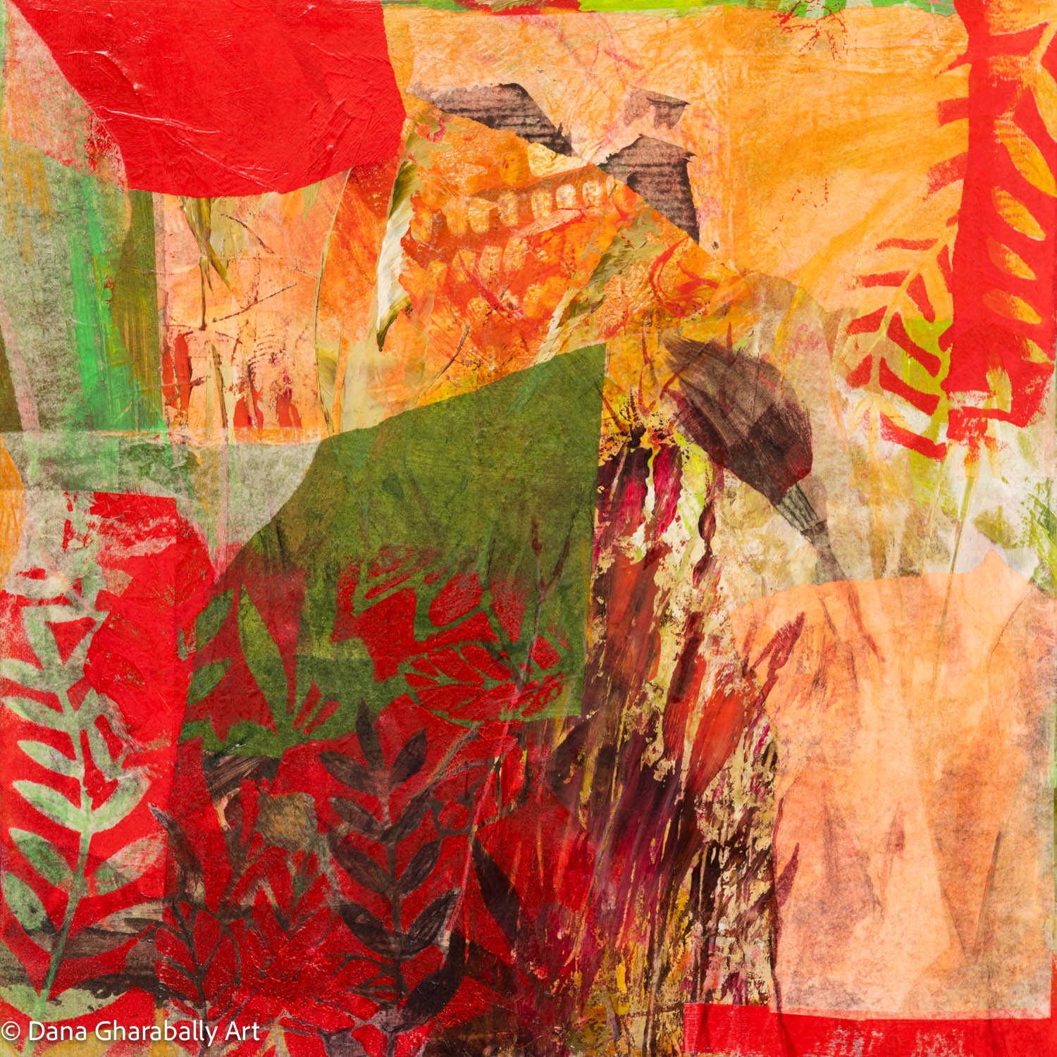 Beneath the Canopy - An abstract collage of overlapping leaves, with vibrant reds, greens, oranges, and browns, creating a layered textured artwork.