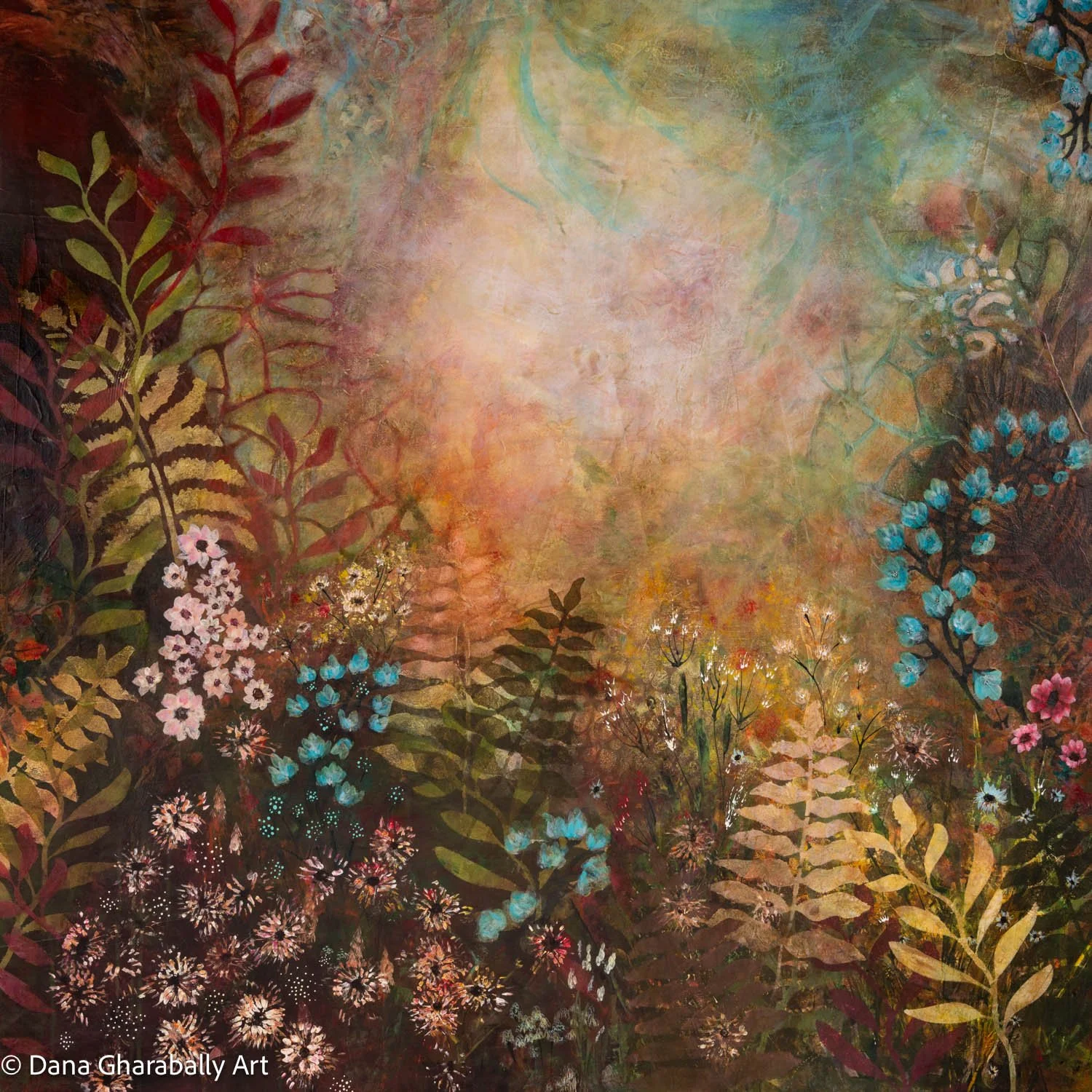 Floral Whispers at Dawn - Abstract and ethereal floral painting with colourful flowers and leaves on a textured background.