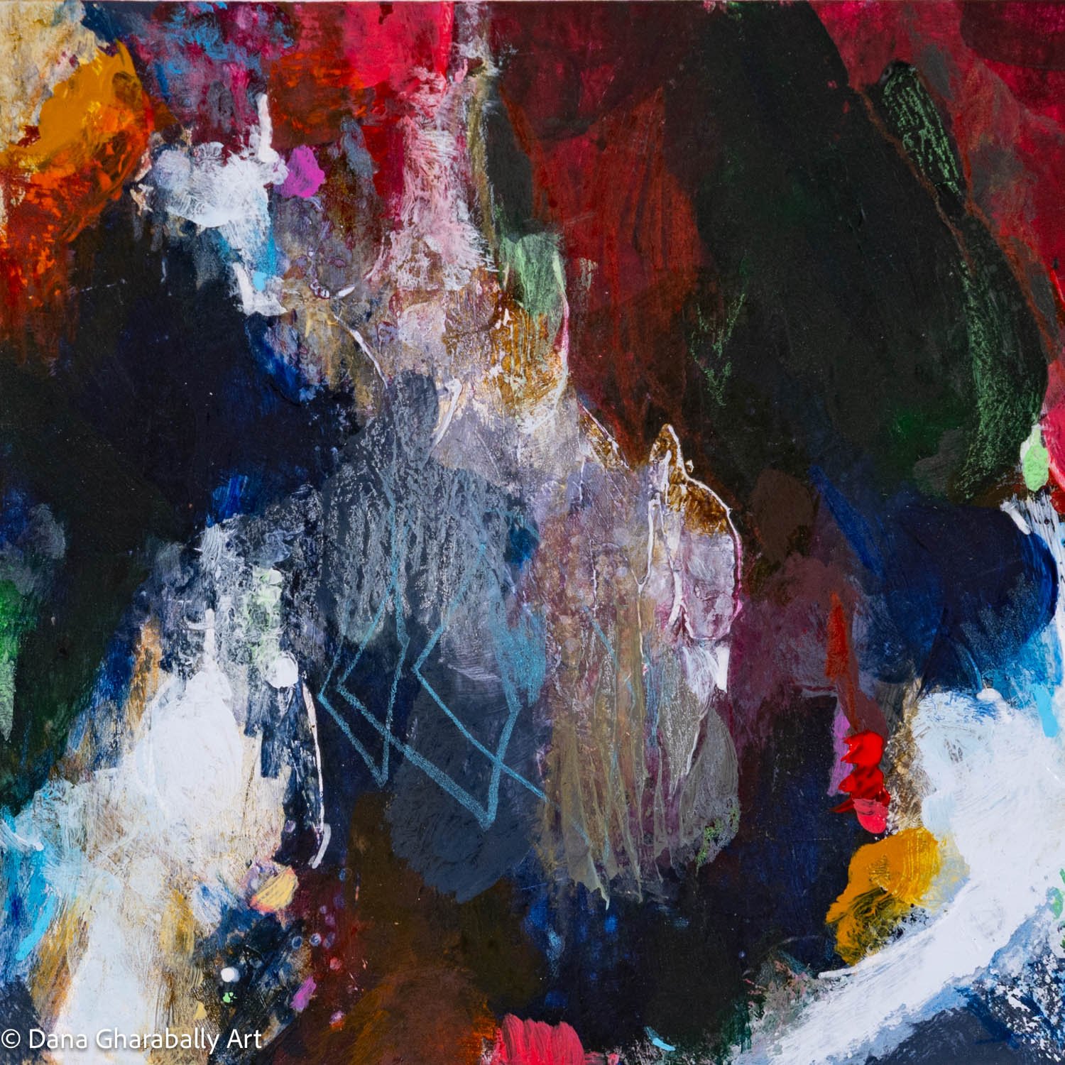 After the Storm #1 - Abstract painting with dark colours, splashes of white, red, green, blue, and hints of orange, with textured and layered brushstrokes.