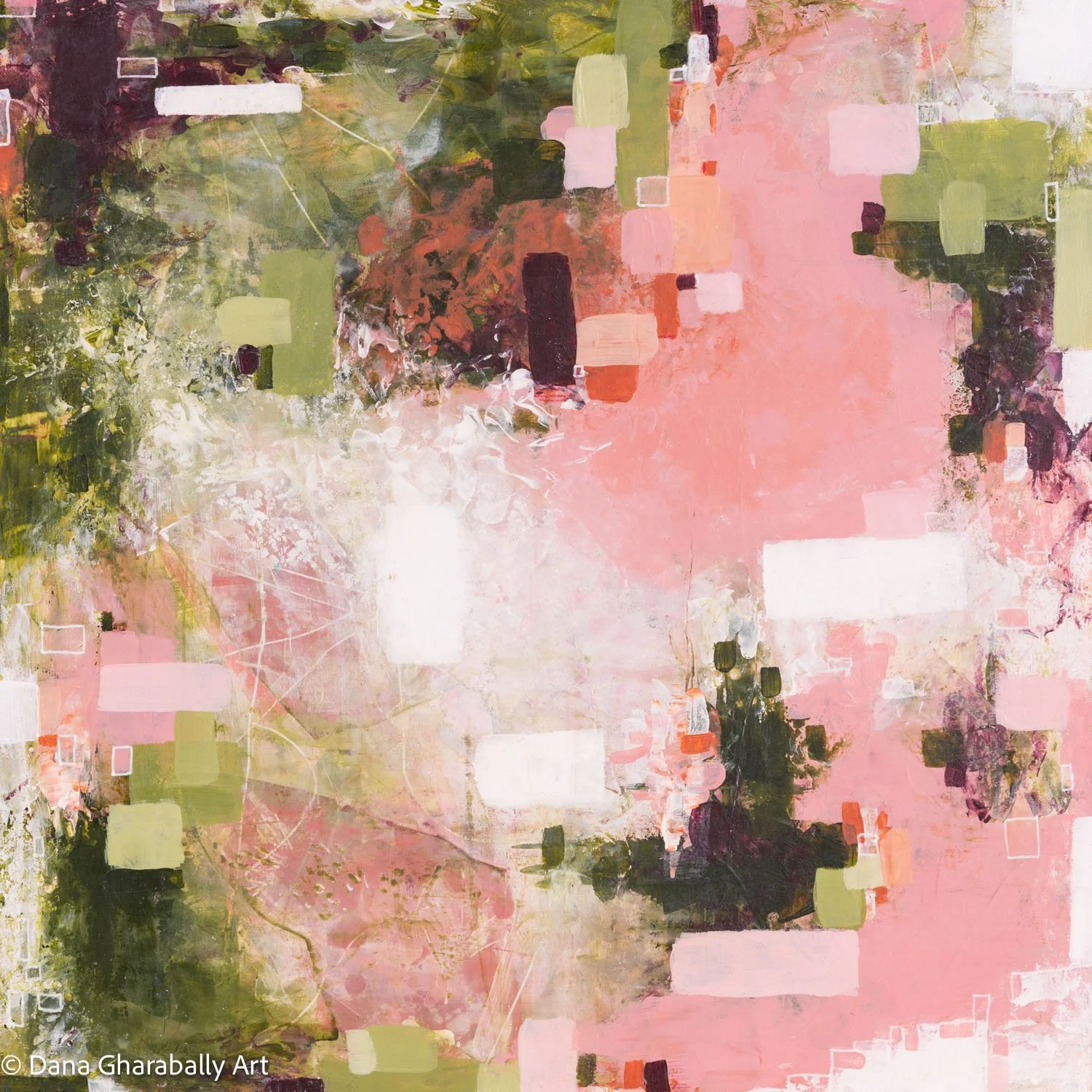 Pink Allure - Abstract painting featuring pink, white, green, black, and brown brushstrokes with geometric shapes and layered textures.