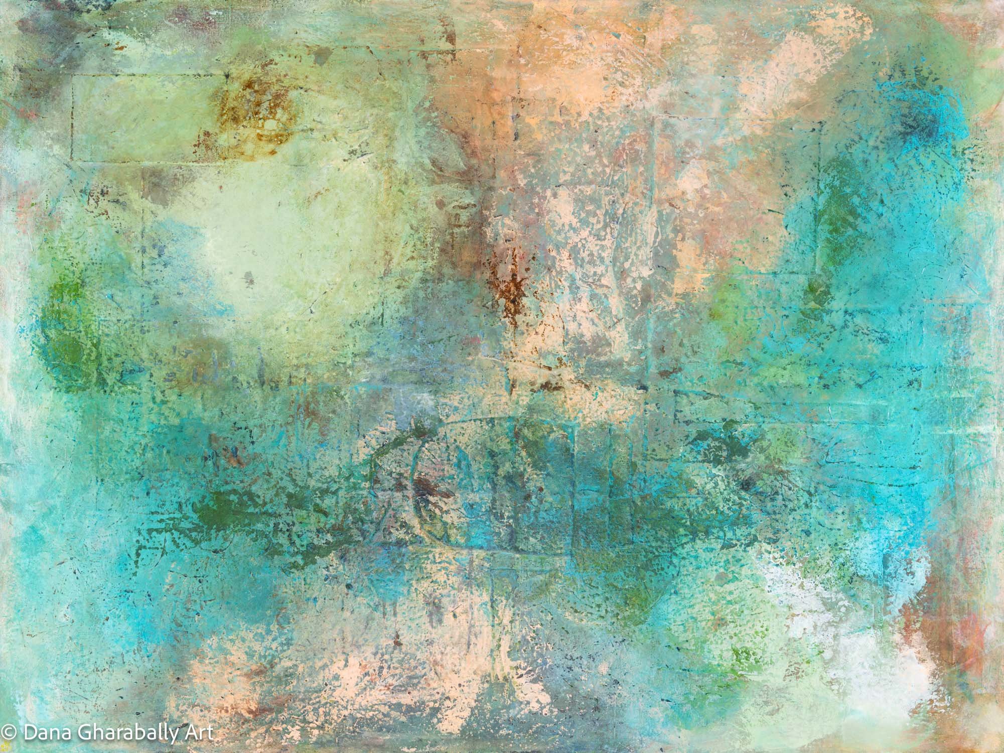 Shifting Tides - Abstract textured painting with shades of green, blue, beige, and brown.