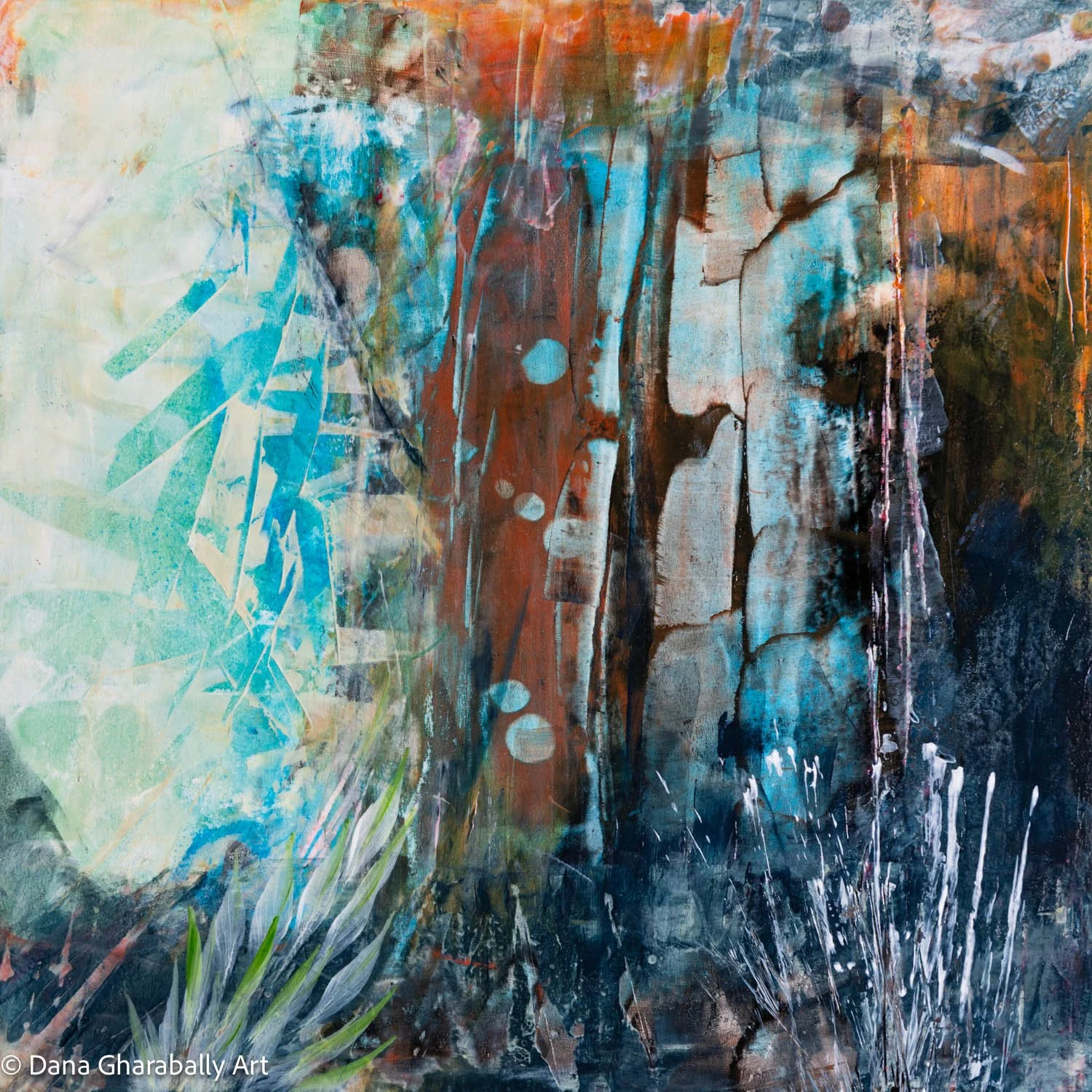 Woodland Tapestry - Abstract painting featuring tree trunks and branches with splashes of colour, including blue, green, brown, black, and white.
