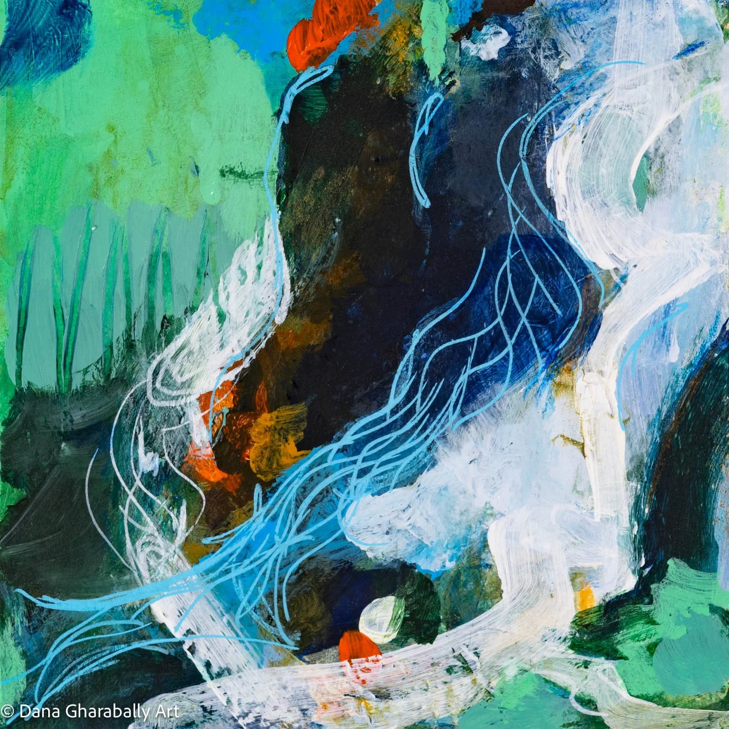 After the Storm #5 - Abstract painting with green, blue, black, white, red, and orange colours, featuring swirling lines and textured brushstrokes.
