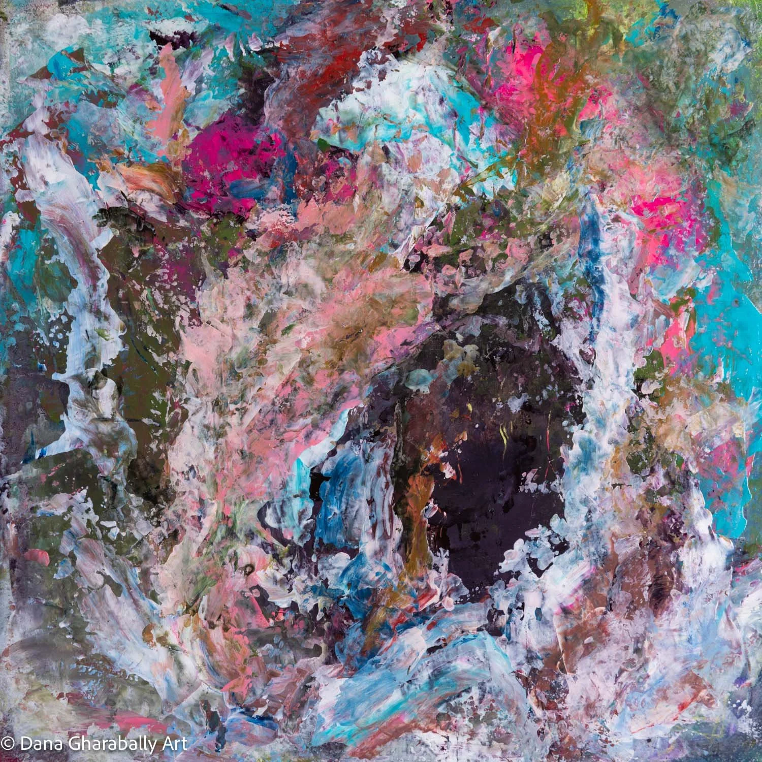 Rose Crested Swells - Abstract expressionist painting with a mix of vibrant colours including pink, blue, white, black, and green, featuring swirling brushstrokes and layered textures.
