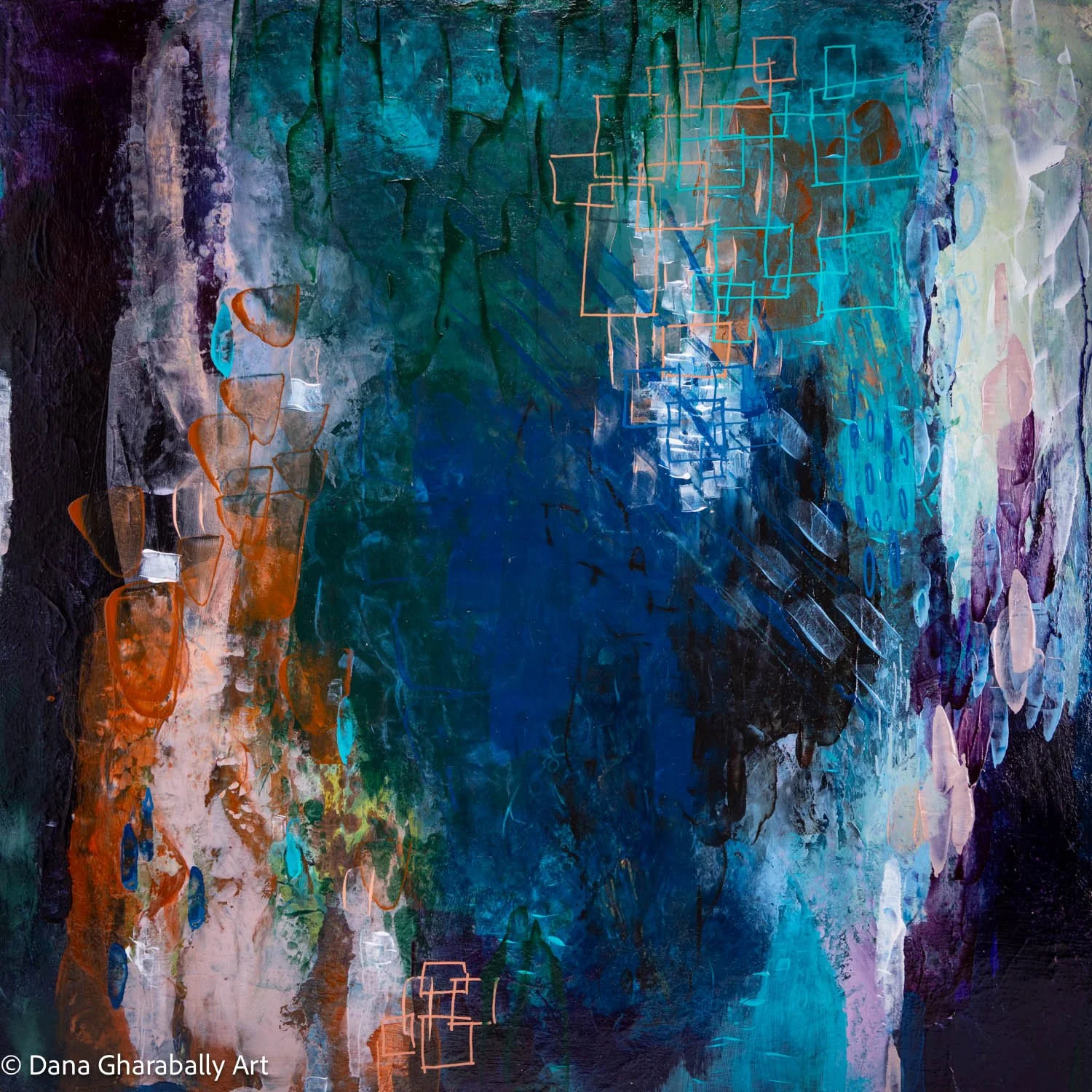 Into the Deep - Abstract painting with dark blue, green, purple, and black hues, accented by geometric shapes and lines in orange and cyan.