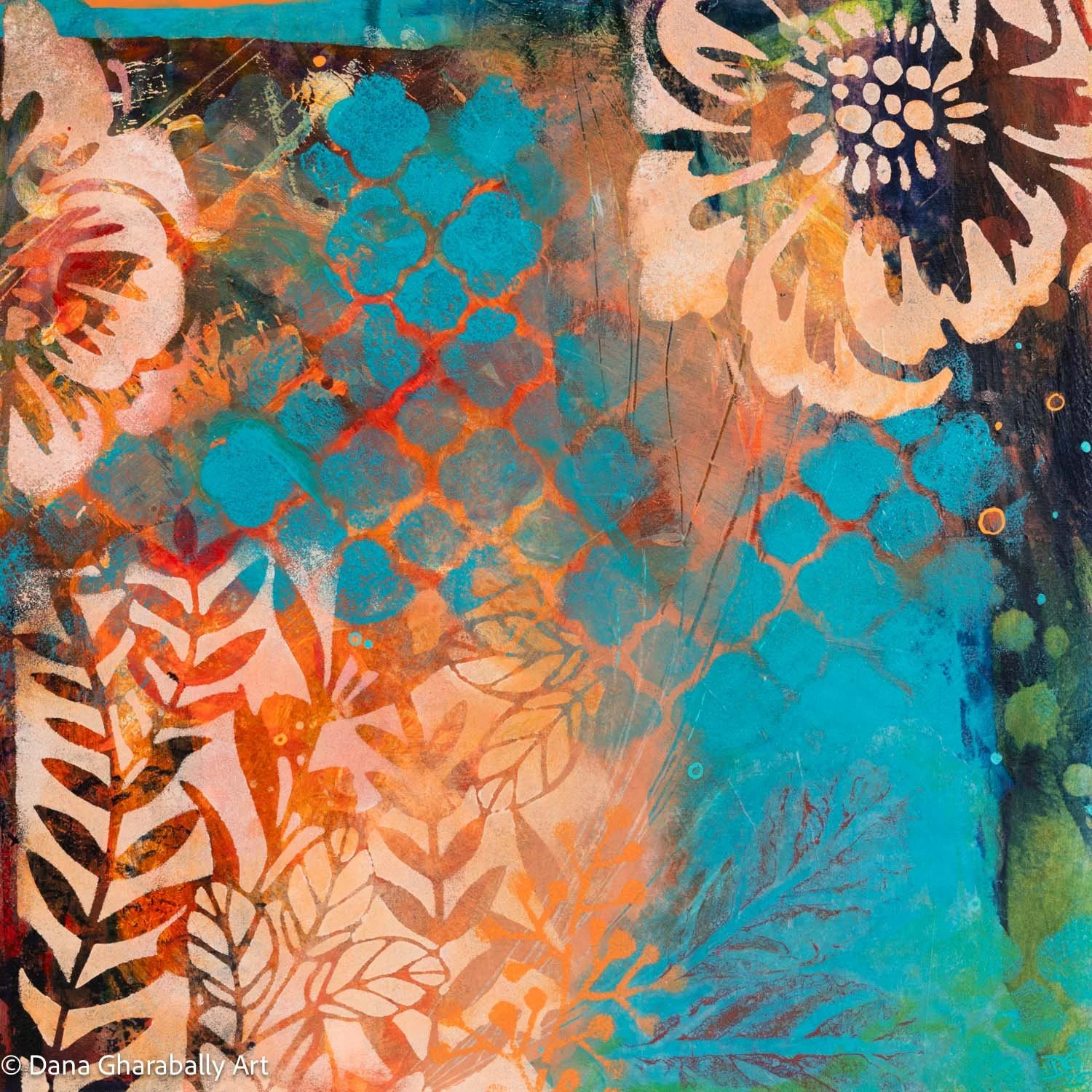 The Turquoise Trellis - An abstract artwork featuring a mix of floral and geometric patterns in shades of blue, orange, black, and beige.