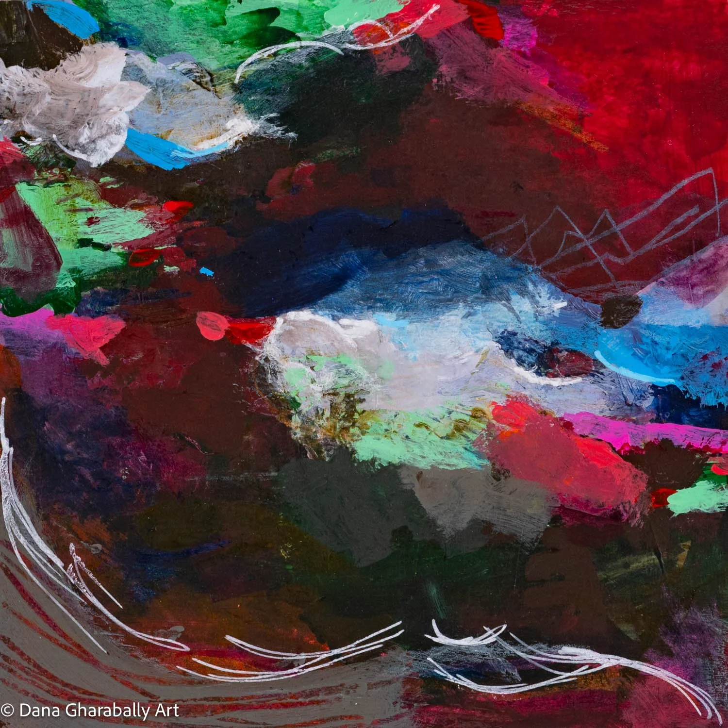 After the Storm #2 - Abstract painting with bold brush strokes in red, black, green, blue, grey, and white, featuring swirling and layered textures.