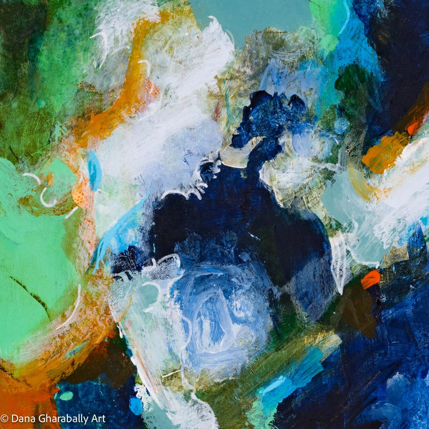 After the Storm #6 - Abstract painting with bold brushstrokes in shades of green, blue, white, black, and orange.