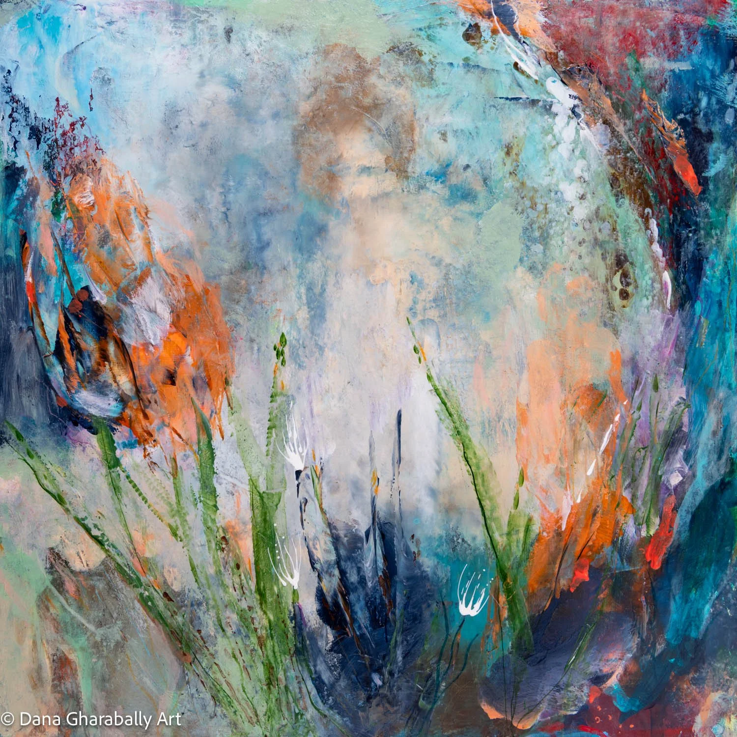 Underwater Garden #3 - Abstract painting with soft pastel colours and vibrant strokes, suggesting underwater flowers and grasses.