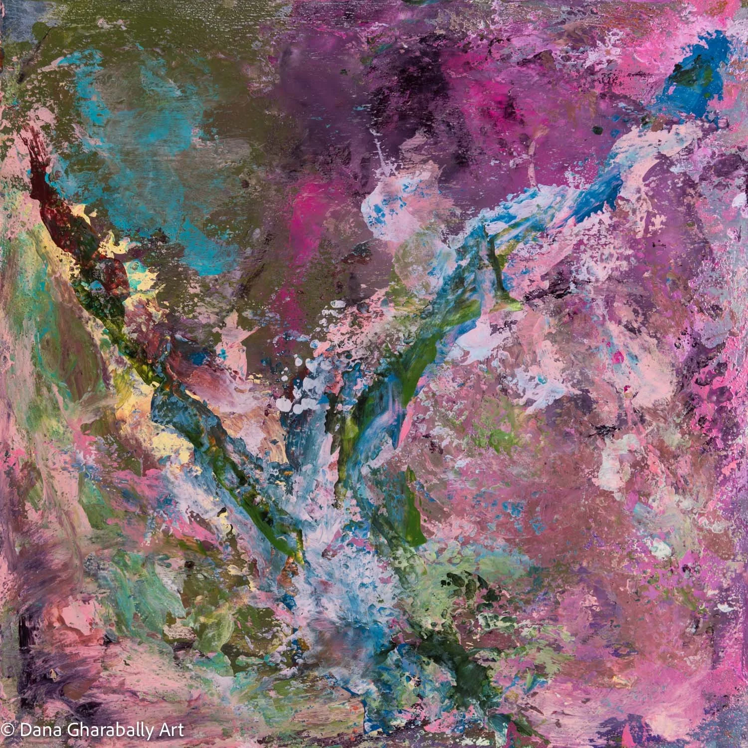 Blushing Uplift in Pink - Abstract painting with pink, purple, green, blue, and white splashes and strokes.