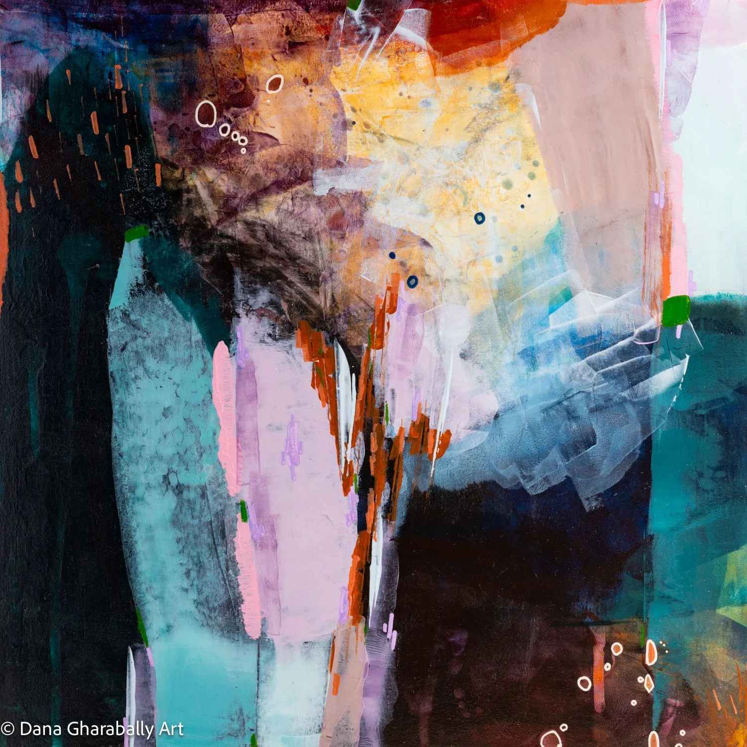 Star Gazing - Abstract painting with a mix of dark and pastel colours, featuring fluid shapes and brushstrokes, with hints of blues, pinks, browns, and blacks.