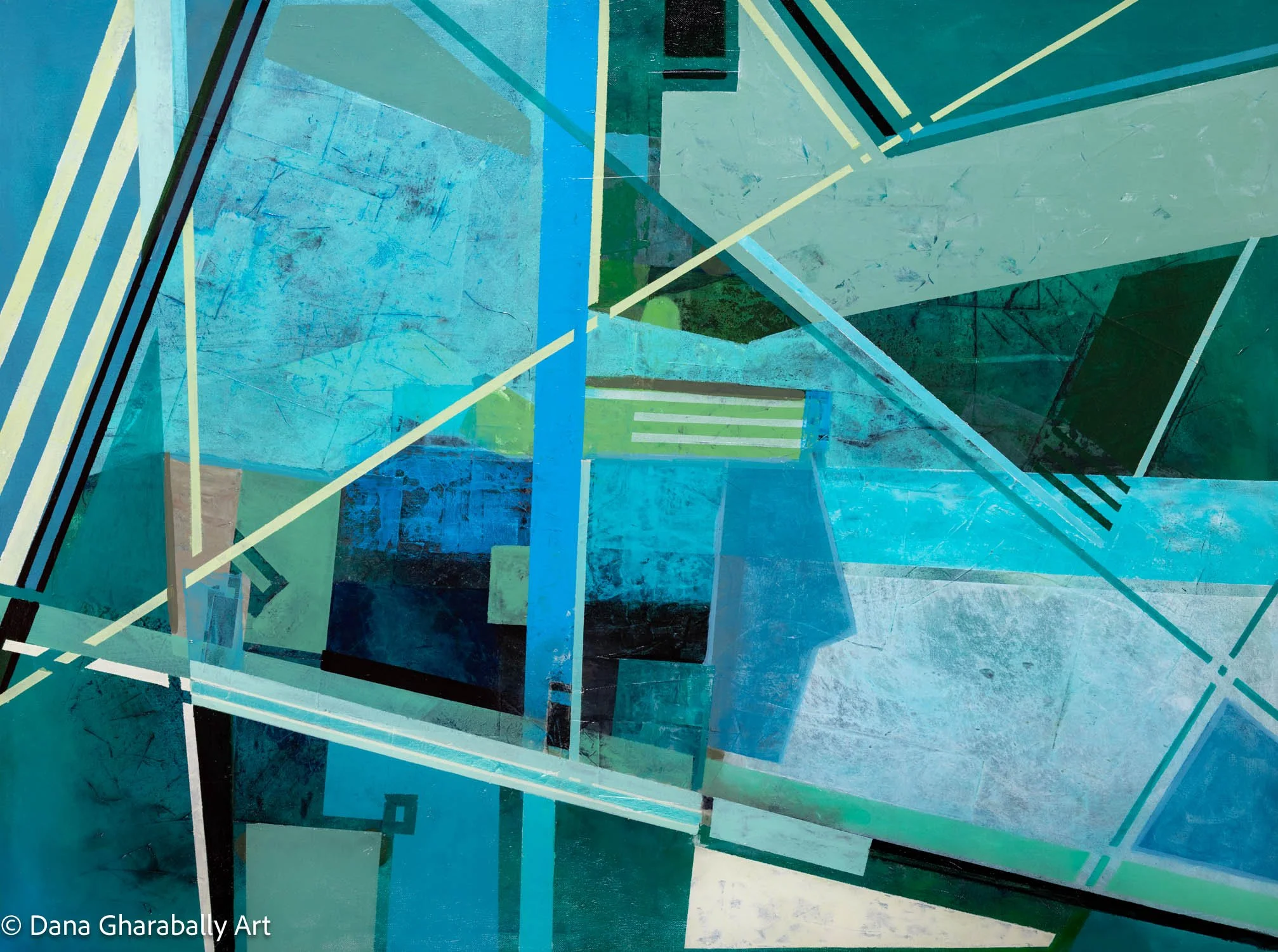 Life's Crossroads in Blue - Abstract geometric artwork with overlapping shapes and crossing lines in blue, green, black and white.