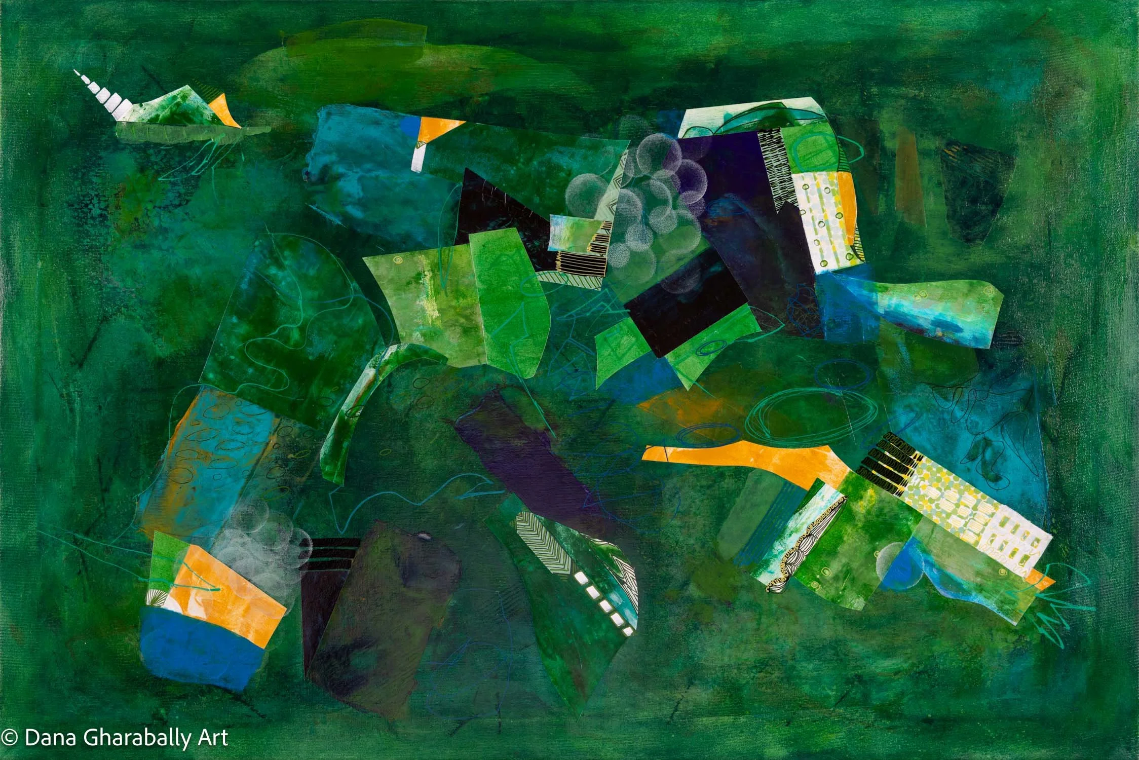 Emerald Embrace - An abstract collage artwork with green, black, yellow, and blue shapes and patterns on a dark emerald green background.