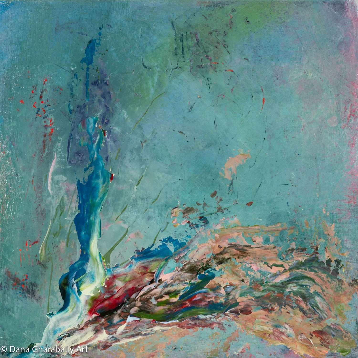 Echoes of the Assent - Abstract painting with textured teal background, streaks of bold blue, red, white, black, and pink colours, creating a dynamic composition.