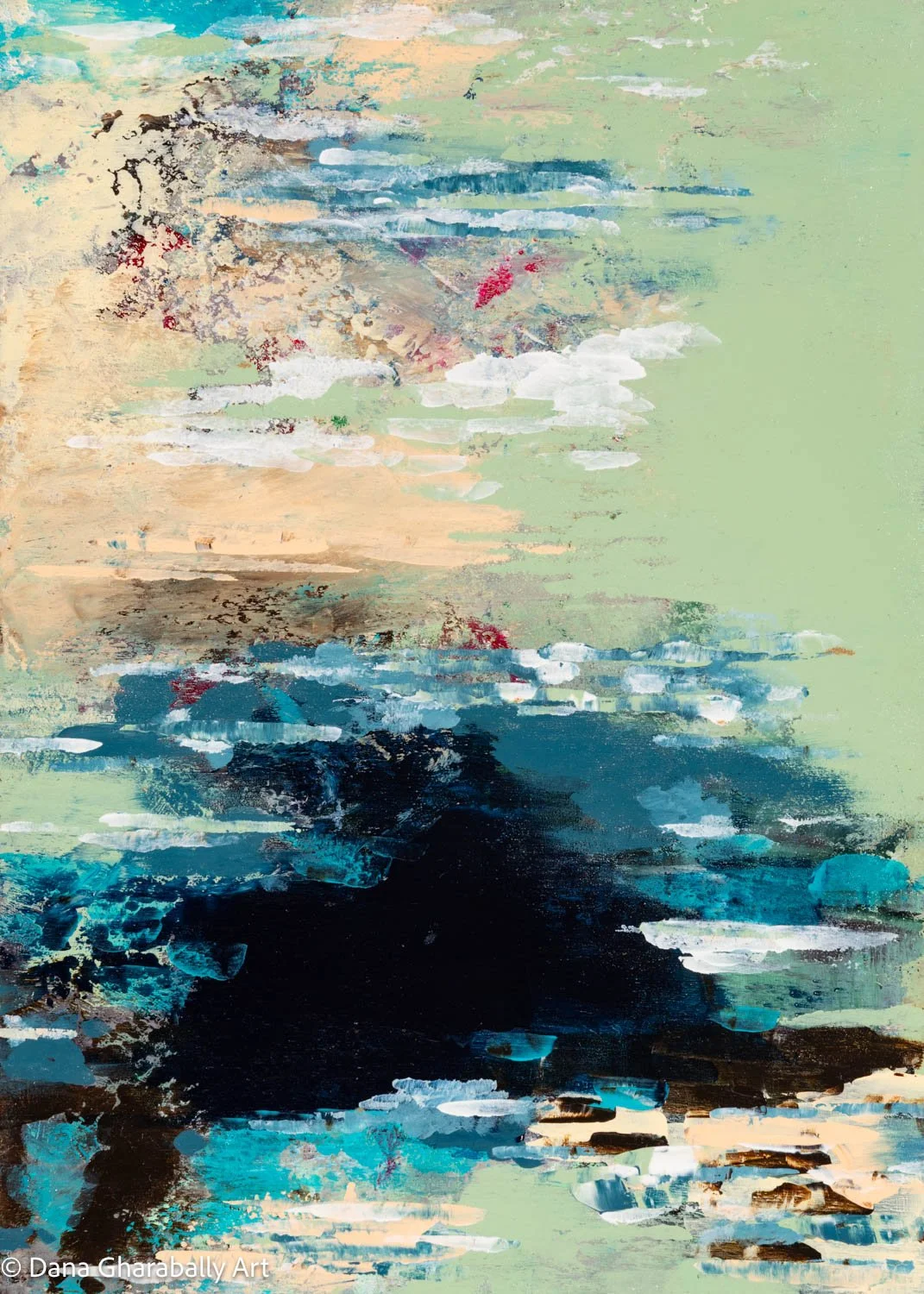 Into the Deep Blue - Abstract painting with green, blue, beige, white, and red brushstrokes.