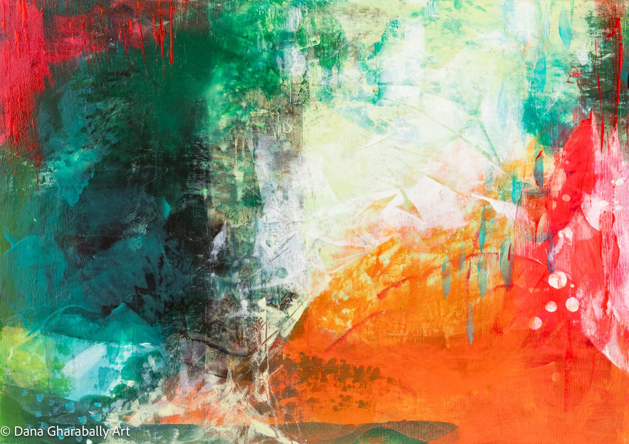 Underwater World #2 - Abstract painting with splashes of green, red, orange, and blue colours blending together suggesting an underwater scene.