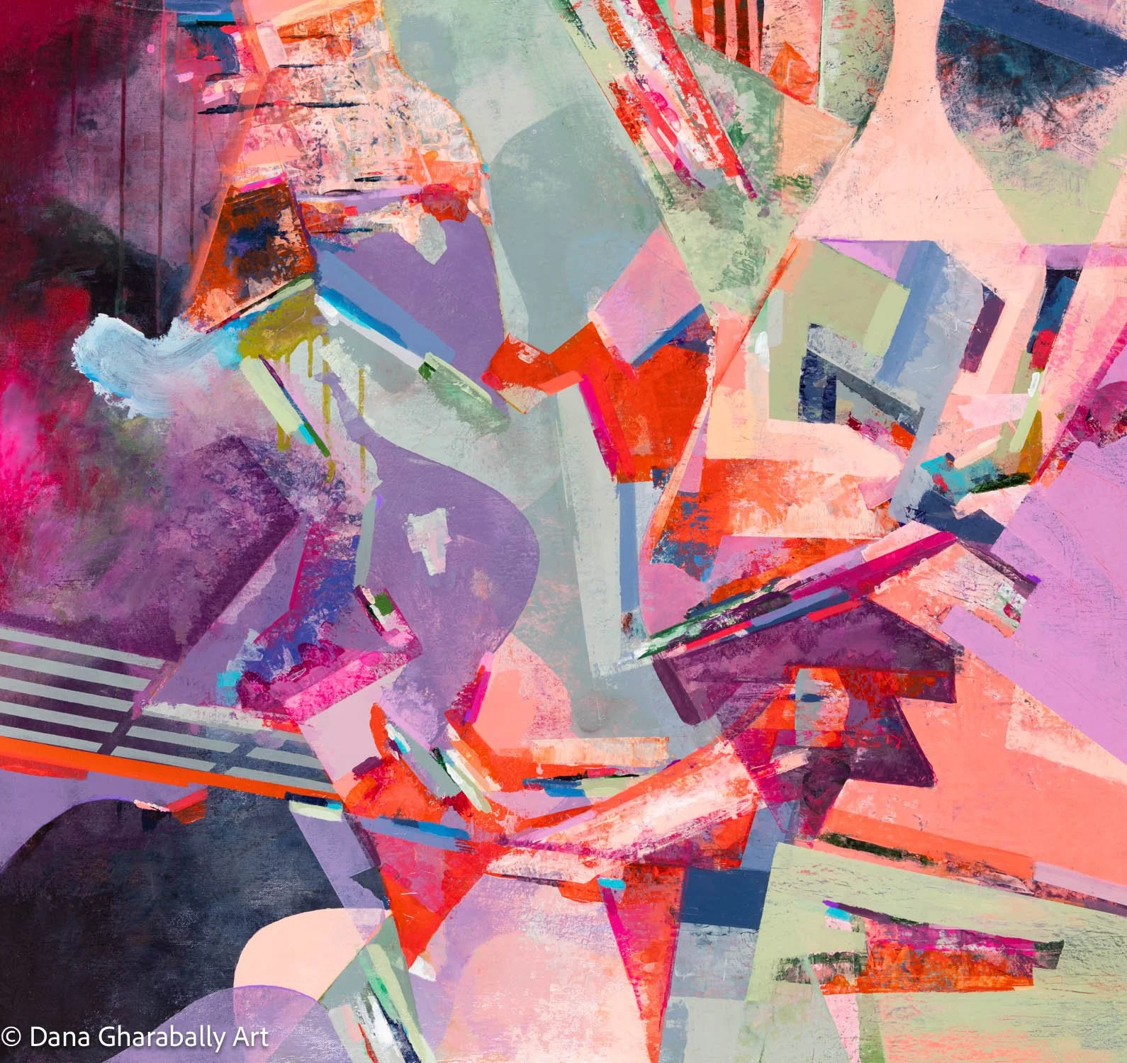 Colour Cascade - Abstract painting with vibrant geometric shapes and brushstrokes in various colours including pink, purple, red, blue, green, and black.