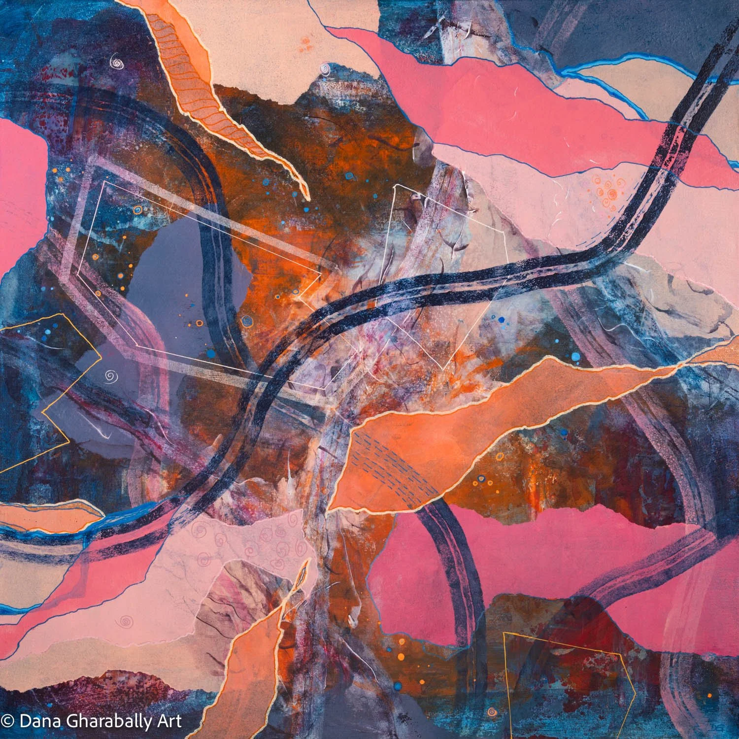 Interlaced Dimensions in Midnight Blue - Abstract painting with dark blue, red, pink, and orange colours, featuring curved and straight lines, geometric shapes, and textured brushstrokes.