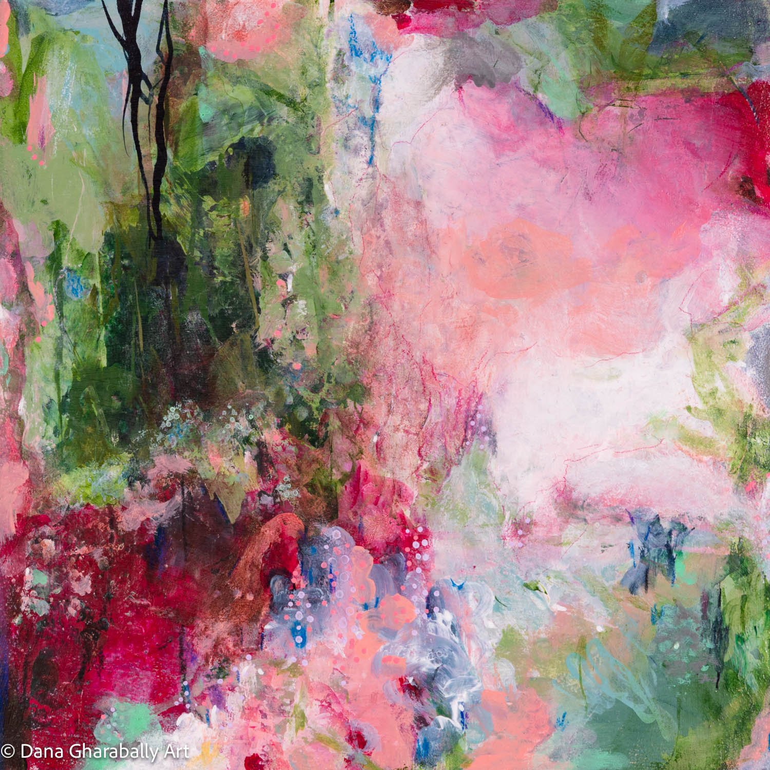 Title - Pink Glade- Abstract floral painting with pink, green, black, red, and blue colours, blending and splattering across the canvas.