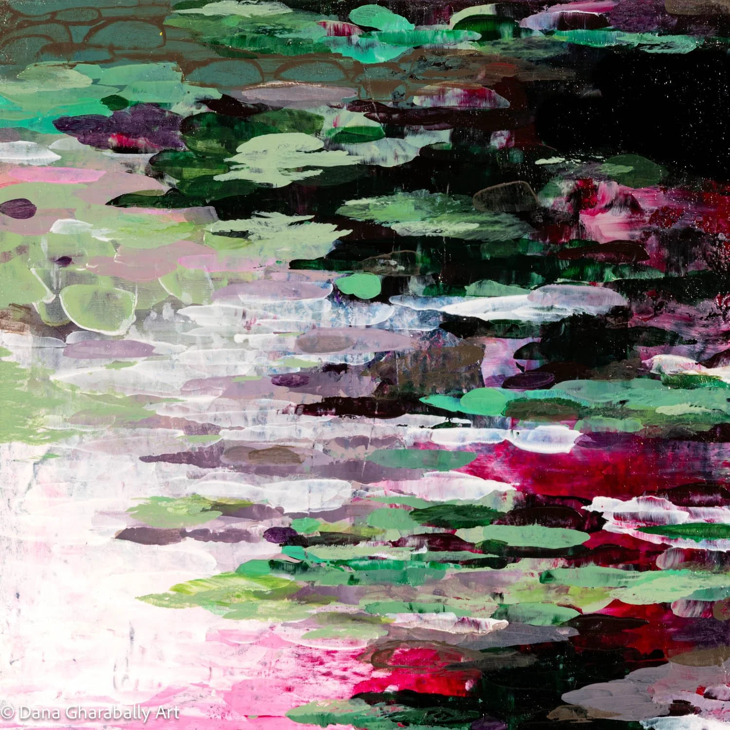 Drifting on Cool Waters - Abstract painting with green, pink, purple, black, and white brushstrokes resembling a pond with lily pads.