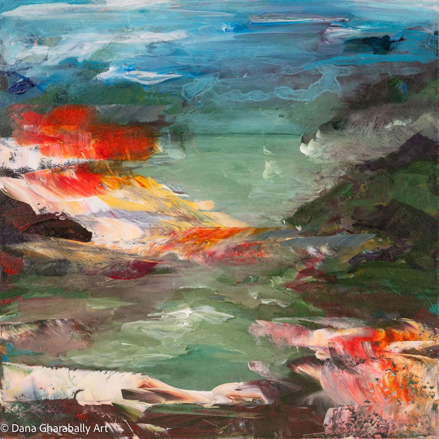 From the Mountain to the Sea - Abstract landscape painting with green, blue, red, orange, and black brushstrokes representing a natural scene.