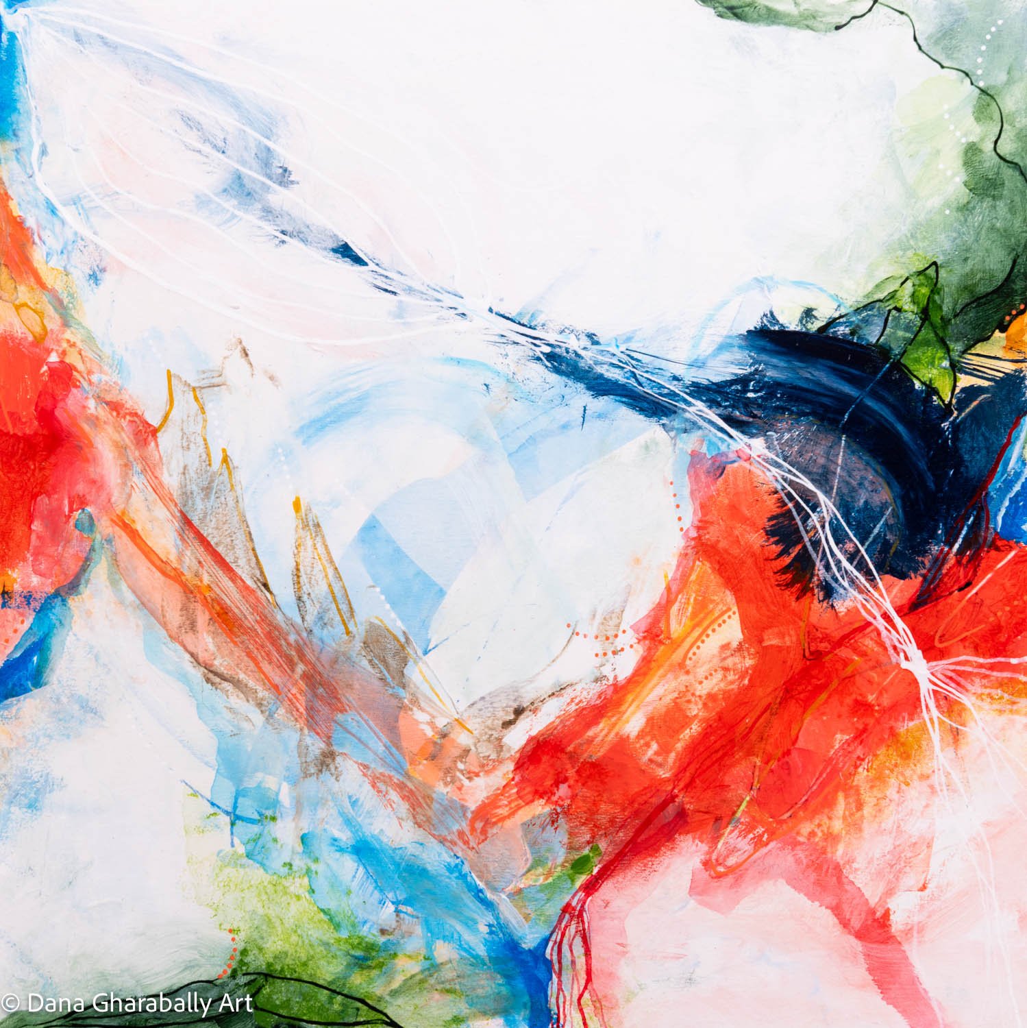 Colour Whirl of Emotion #3 of tryptic - Abstract painting with splashes of red, blue, black, green, and white colours with expressive brushstrokes and lines.